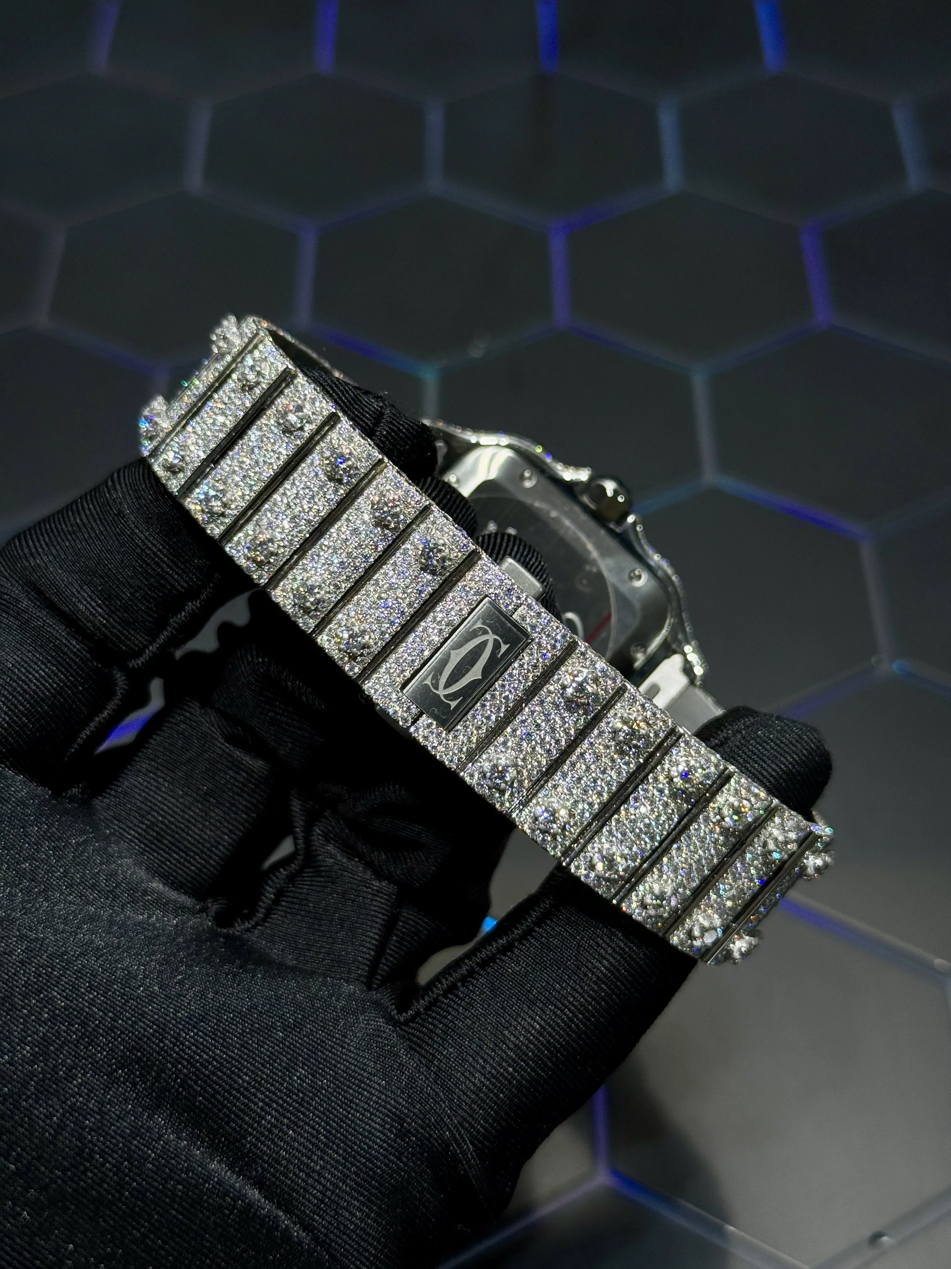 Cartier Santos-Style Fully Iced-Out Silver Roman Dial Watch D1147519436 — view 8