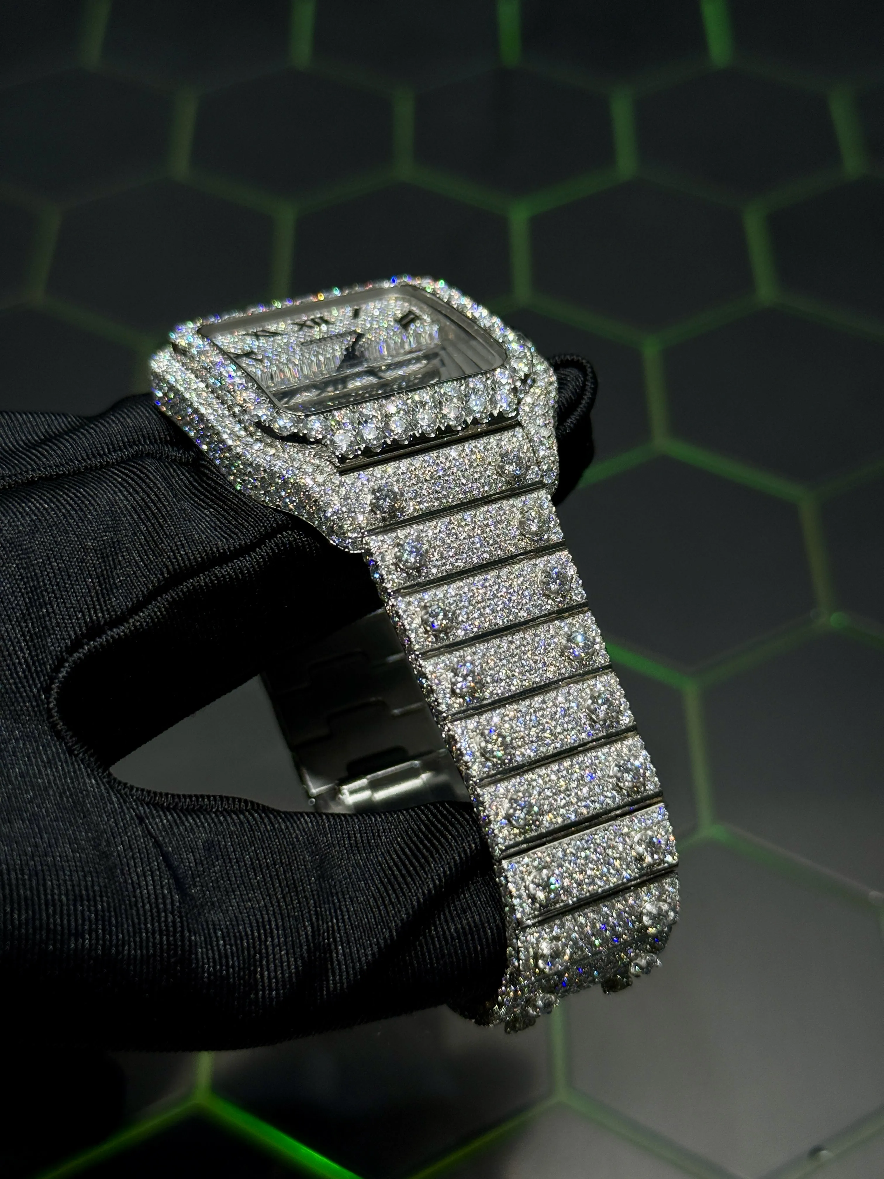 Cartier Santos-Style Fully Iced-Out Silver Roman Dial Watch D1147519436 — view 9