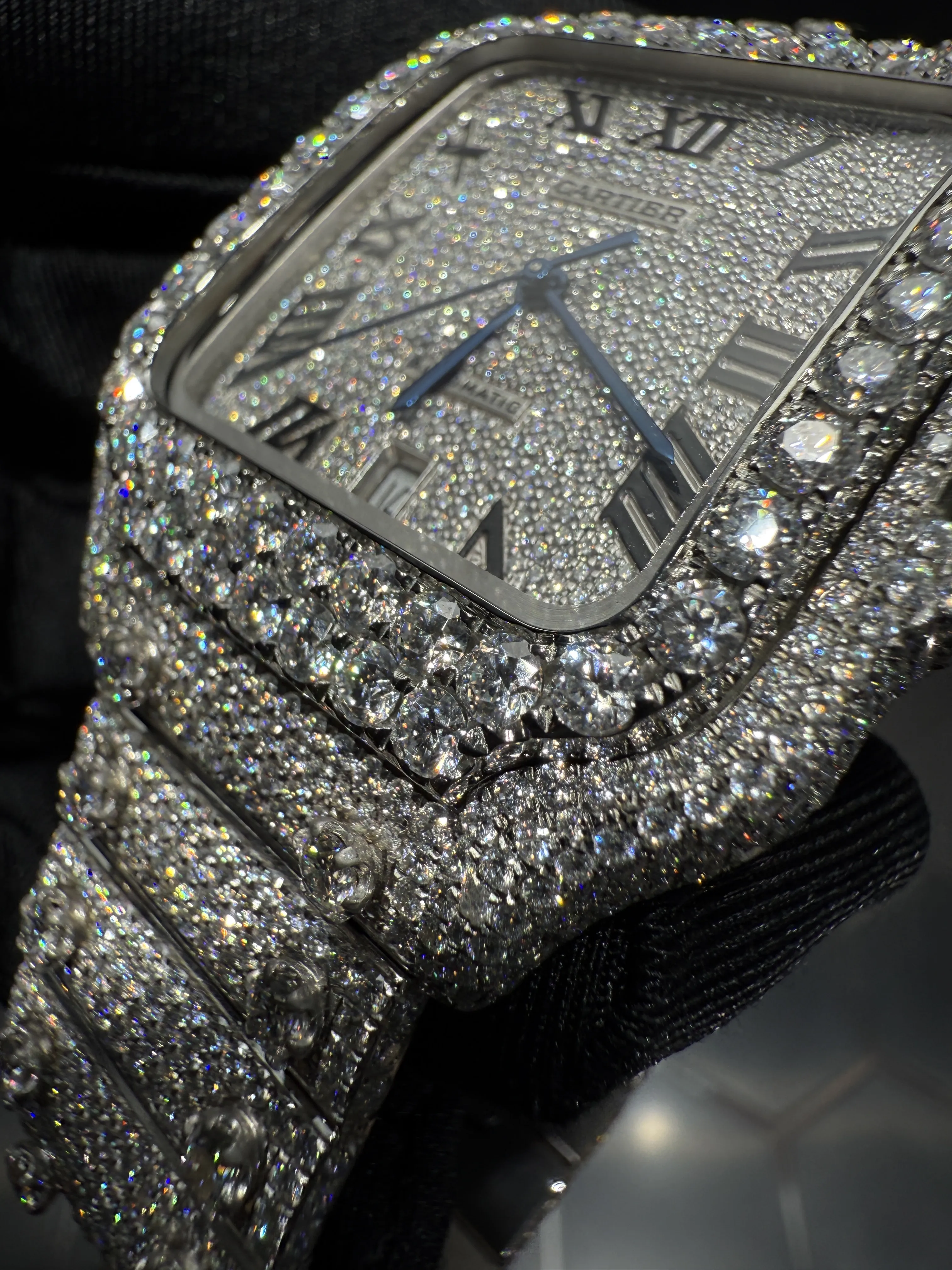 Cartier Santos-Style Fully Iced-Out Silver Roman Dial Watch D1147519436 — view 10