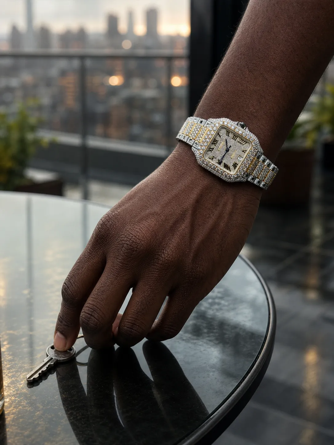 Cartier Santos-Style Two-Tone Fully Iced Roman Dial Watch D1147519437