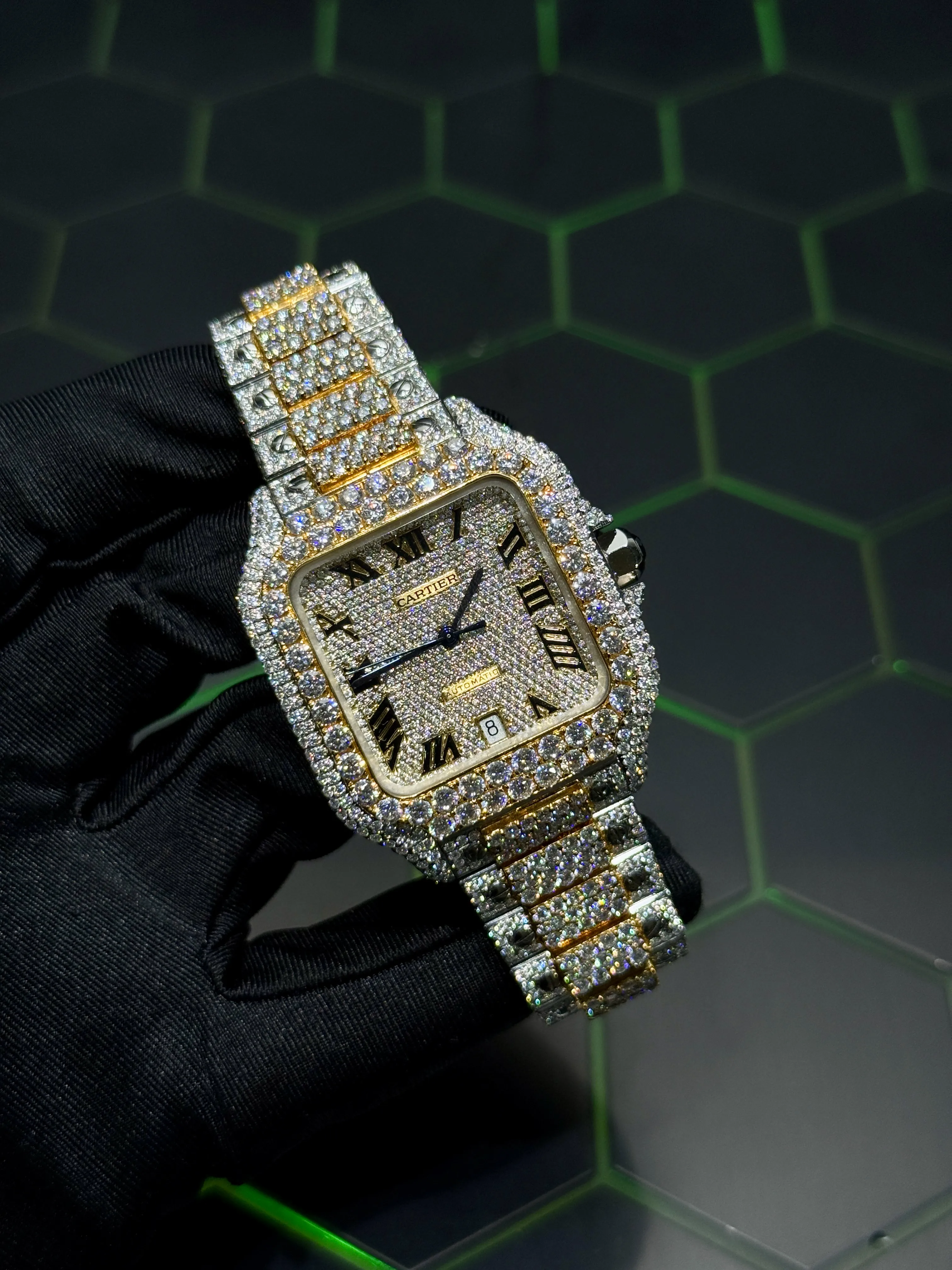 Cartier Santos-Style Two-Tone Fully Iced Roman Dial Watch D1147519437 — view 2