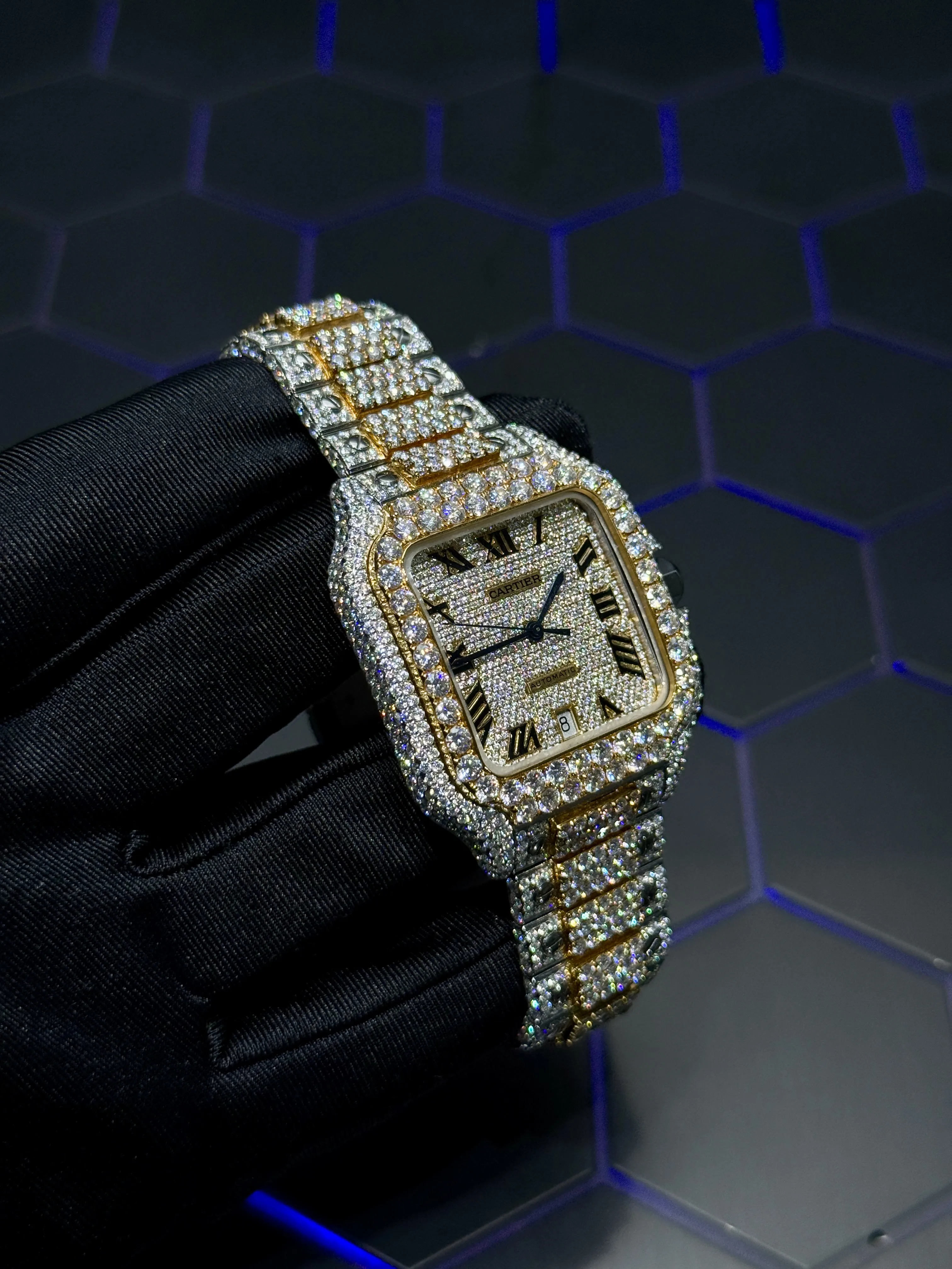 Cartier Santos-Style Two-Tone Fully Iced Roman Dial Watch D1147519437 — view 3