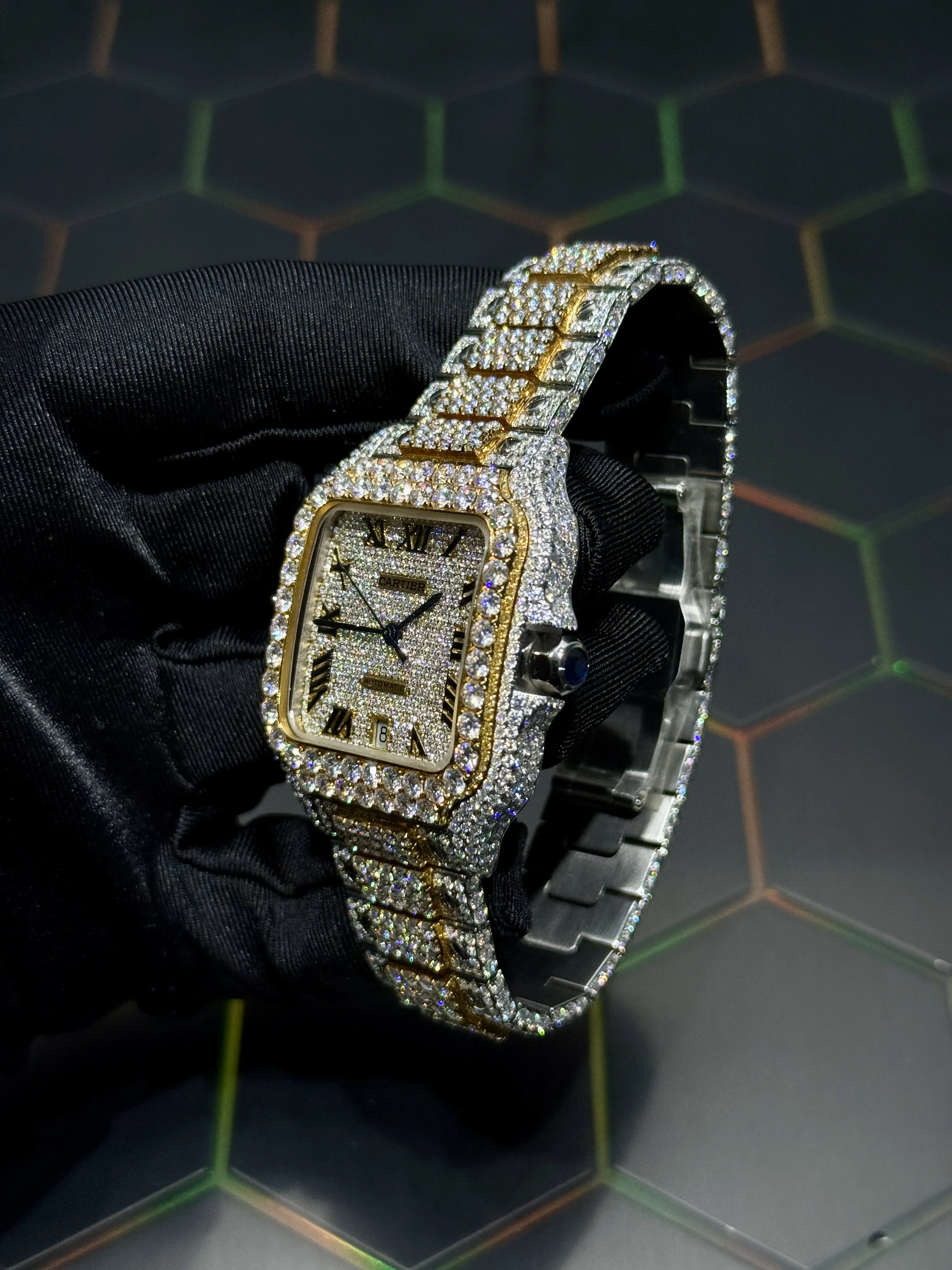 Cartier Santos-Style Two-Tone Fully Iced Roman Dial Watch D1147519437 — view 4
