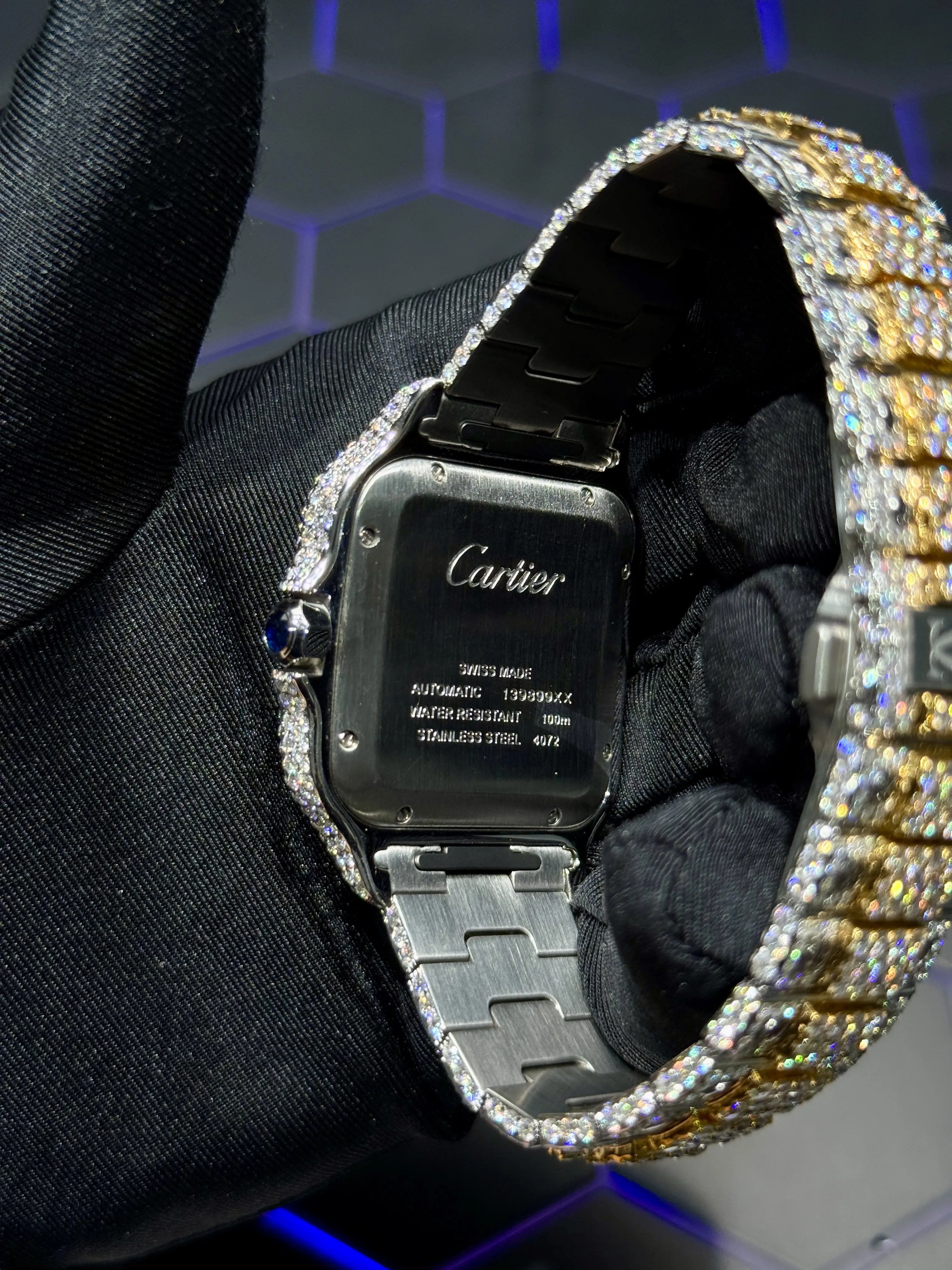 Cartier Santos-Style Two-Tone Fully Iced Roman Dial Watch D1147519437 — view 6