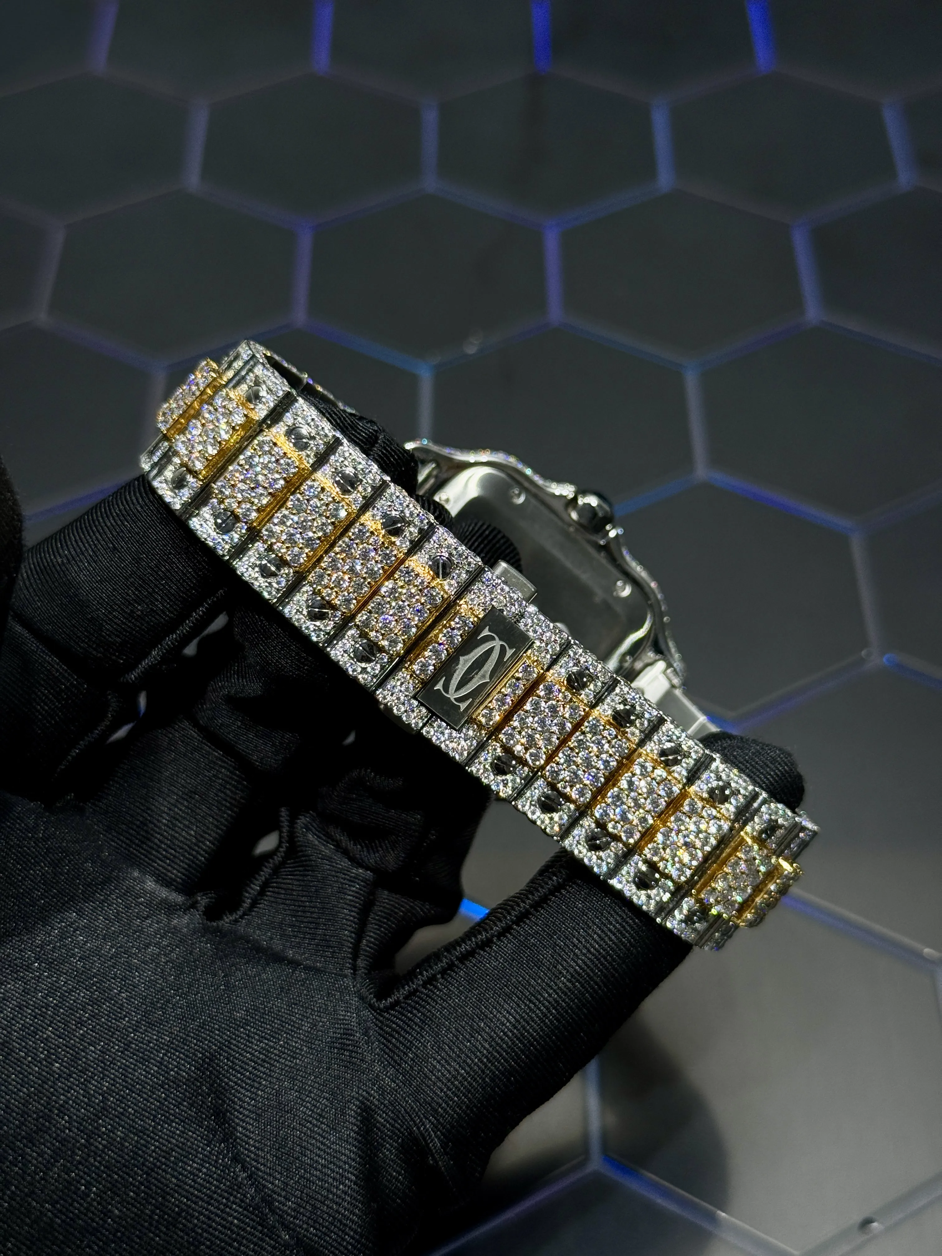 Cartier Santos-Style Two-Tone Fully Iced Roman Dial Watch D1147519437 — view 7