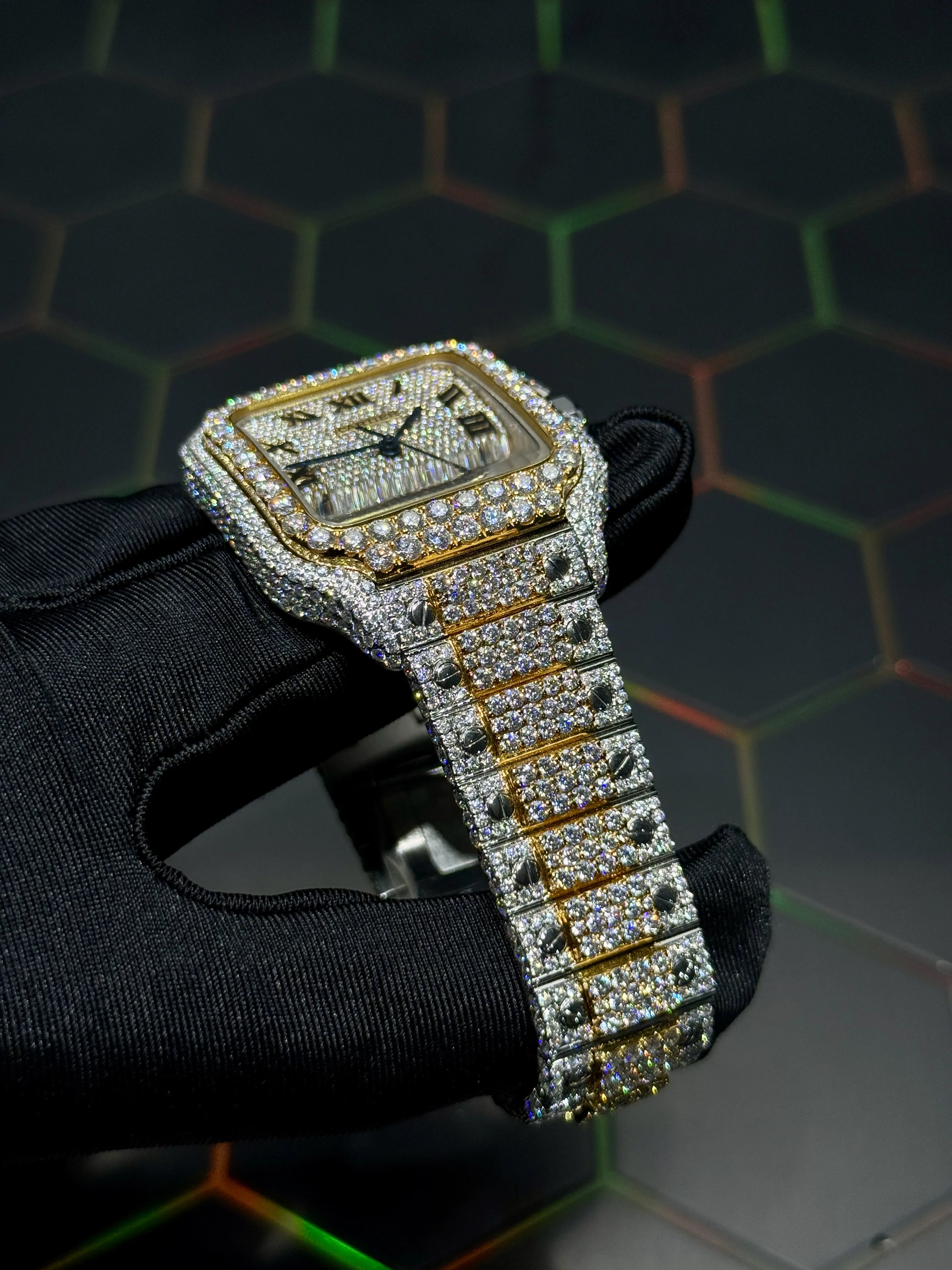 Cartier Santos-Style Two-Tone Fully Iced Roman Dial Watch D1147519437 — view 8