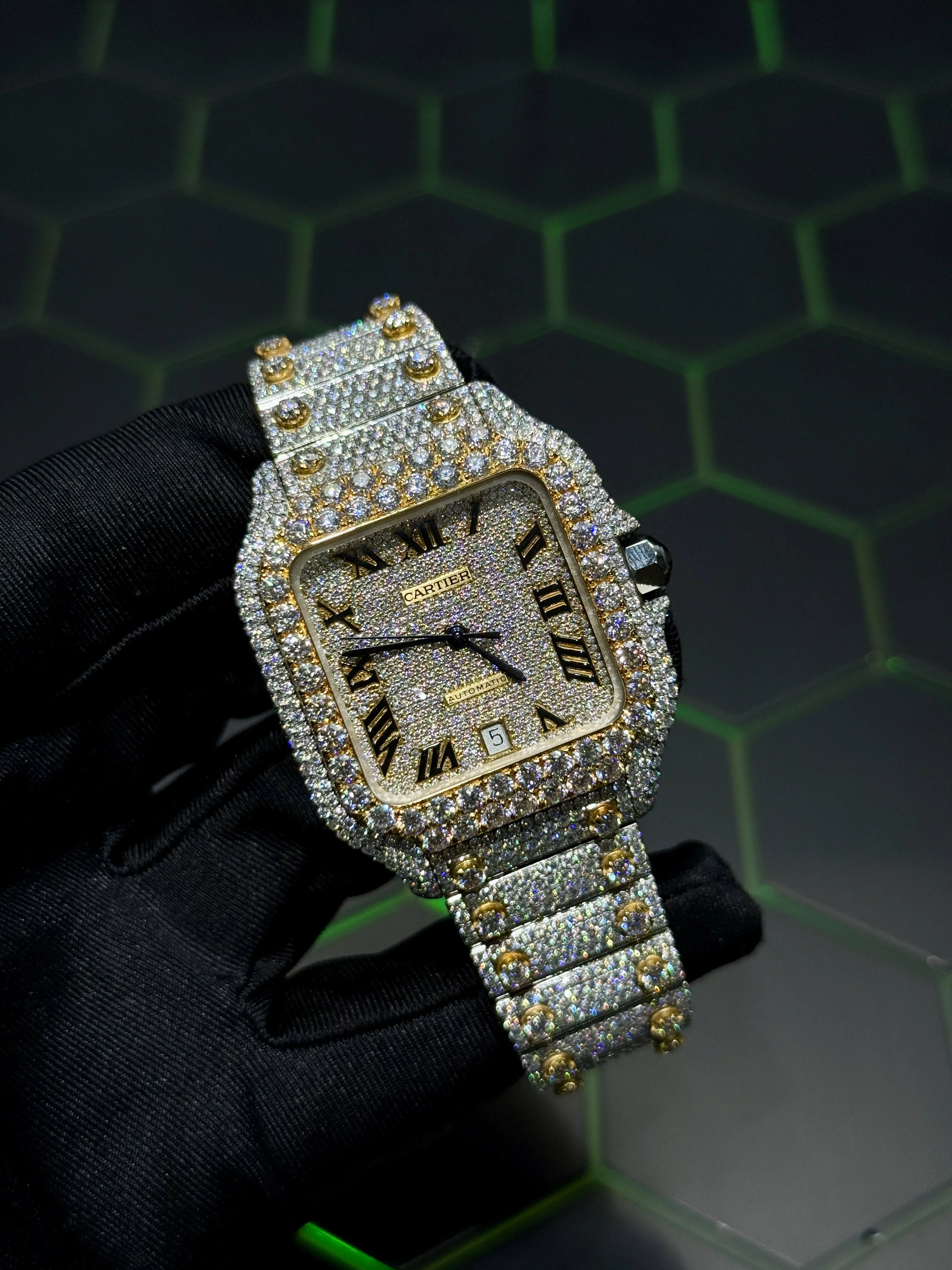 Cartier Santos-Style Two-Tone Fully Iced Roman Dial Watch D1147519437 — view 12