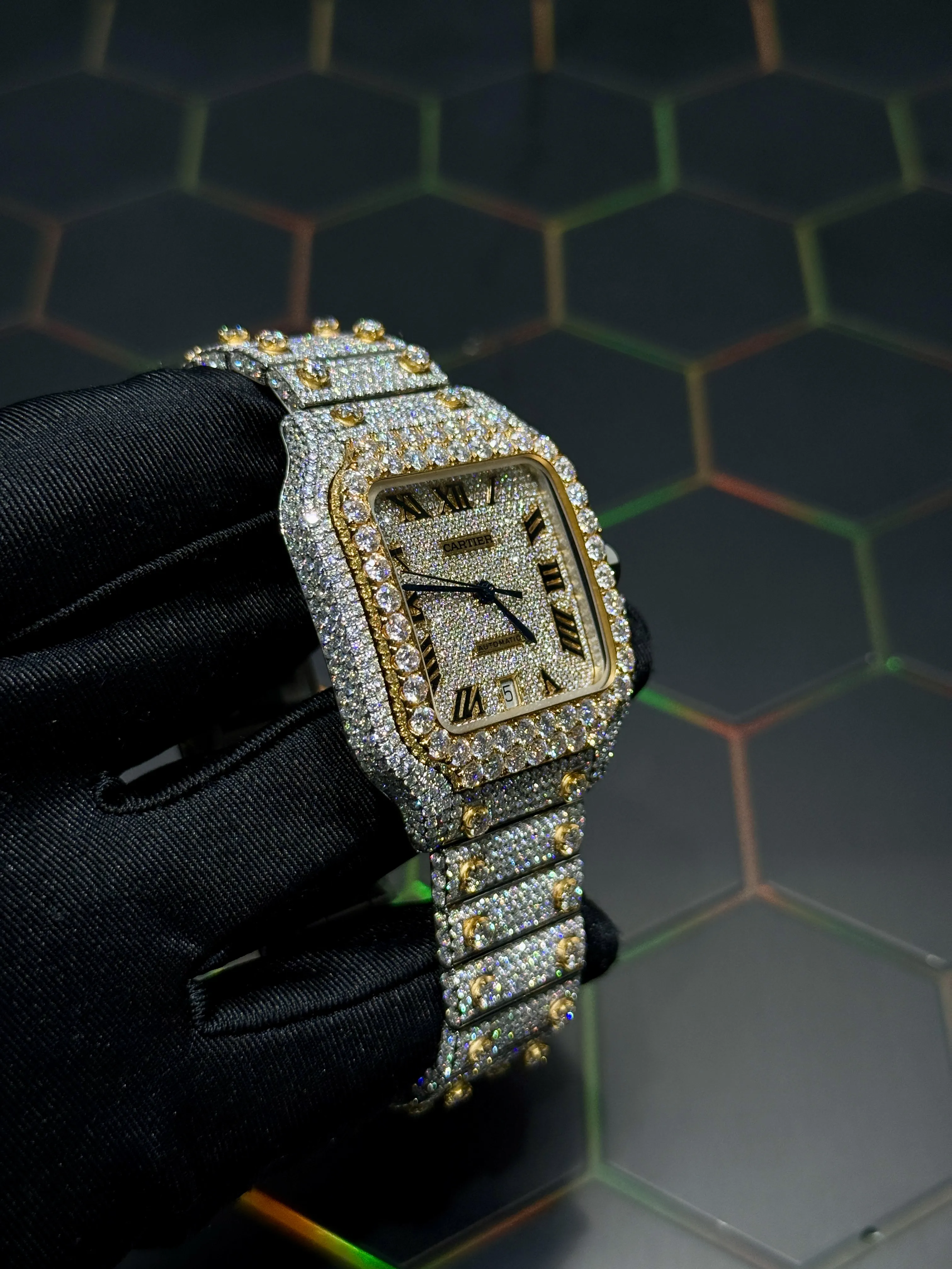 Cartier Santos-Style Two-Tone Fully Iced Roman Dial Watch D1147519437 — view 13