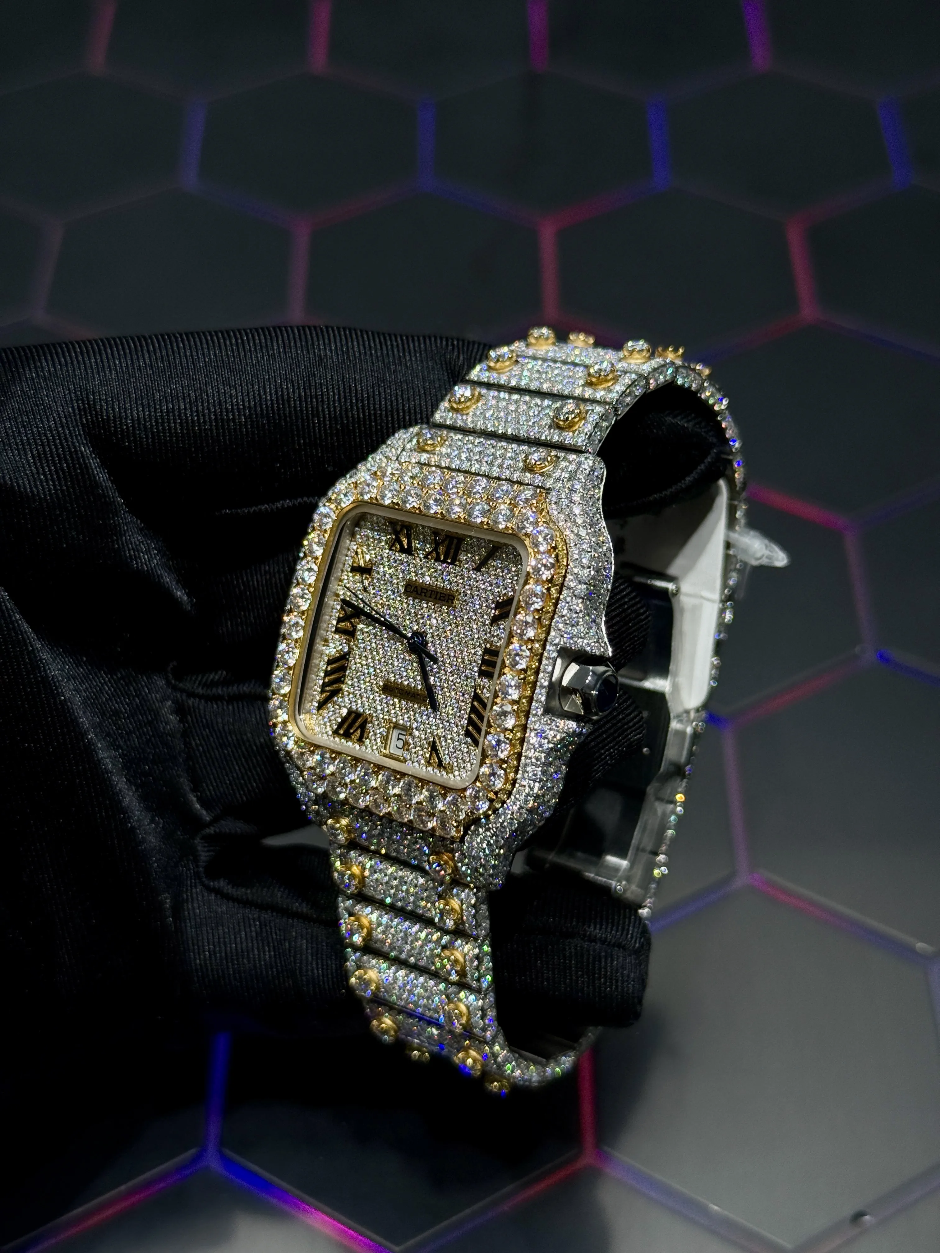 Cartier Santos-Style Two-Tone Fully Iced Roman Dial Watch D1147519437 — view 14