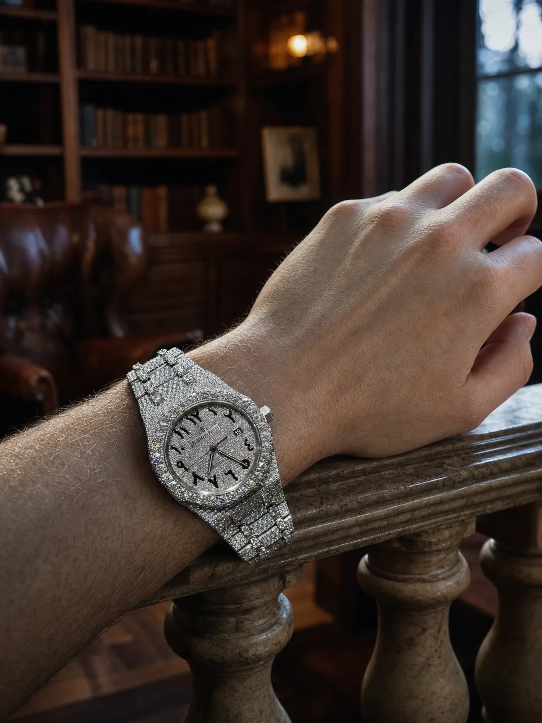 AP-Style Fully Iced-Out Silver Arabic Dial Watch D1215019438