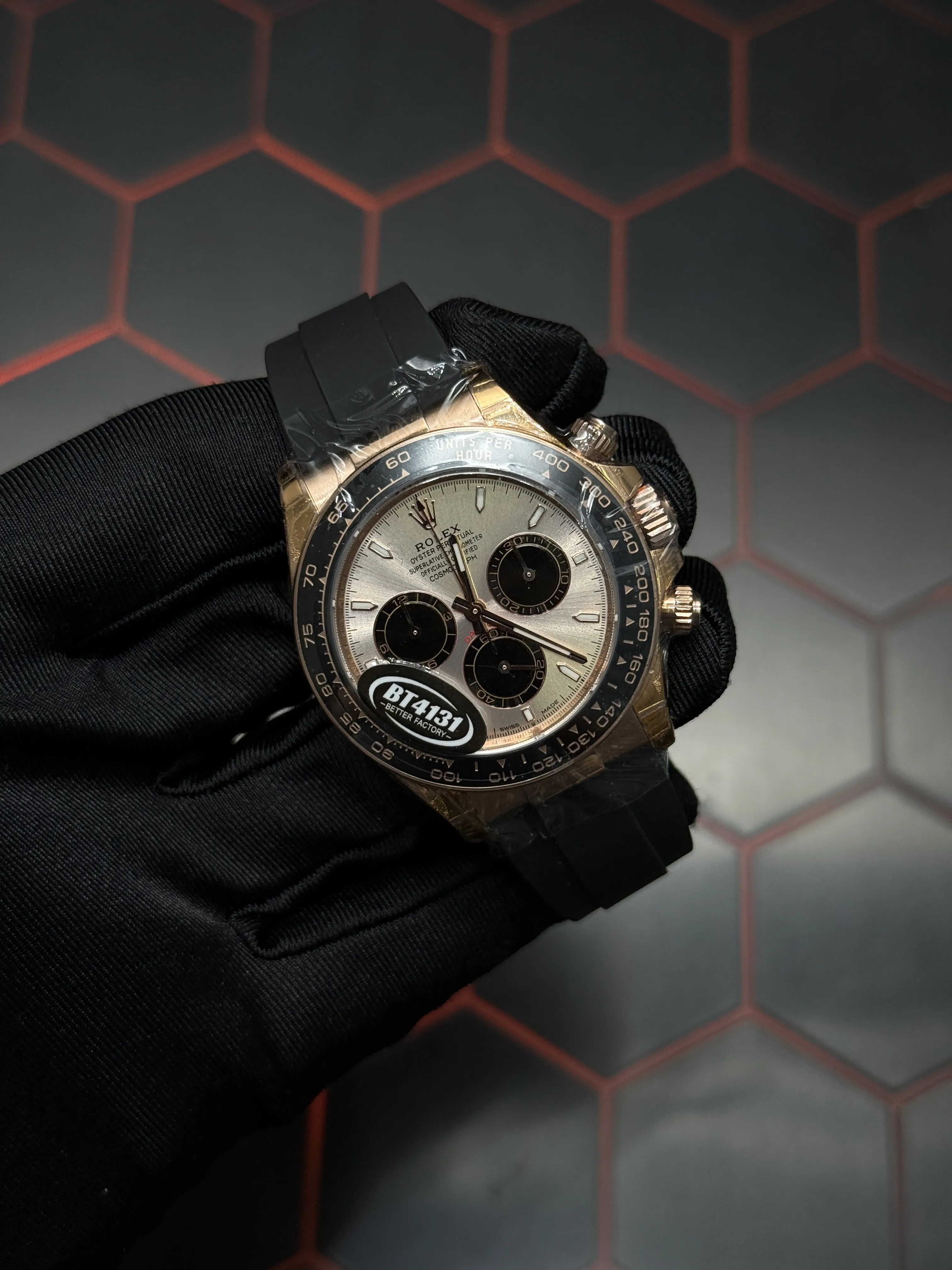 Rolex Daytona-Style Rose-Gold-Tone Silver Panda Dial Rubber Strap Watch D594019446 — view 2