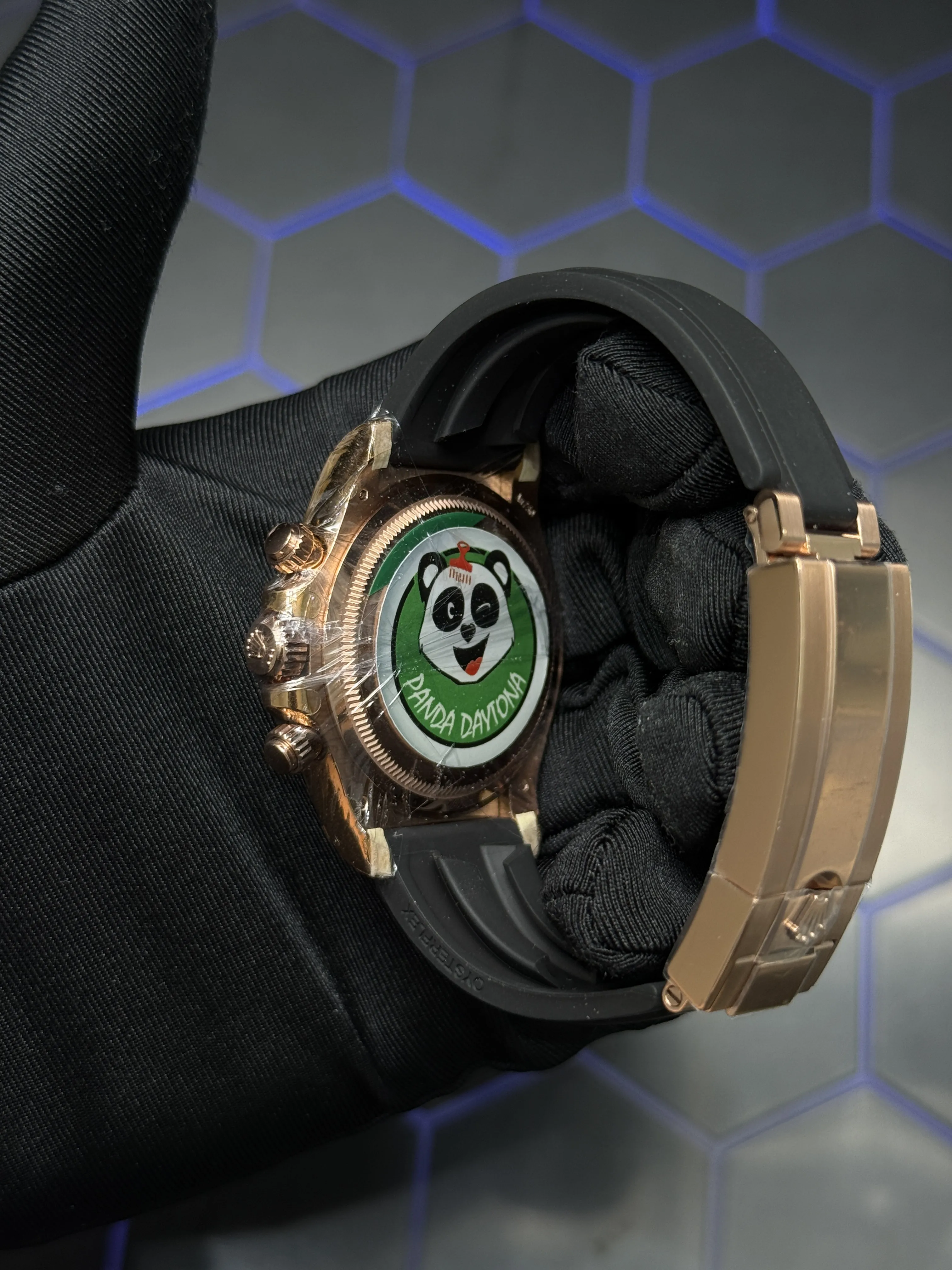 Rolex Daytona-Style Rose-Gold-Tone Silver Panda Dial Rubber Strap Watch D594019446 — view 6