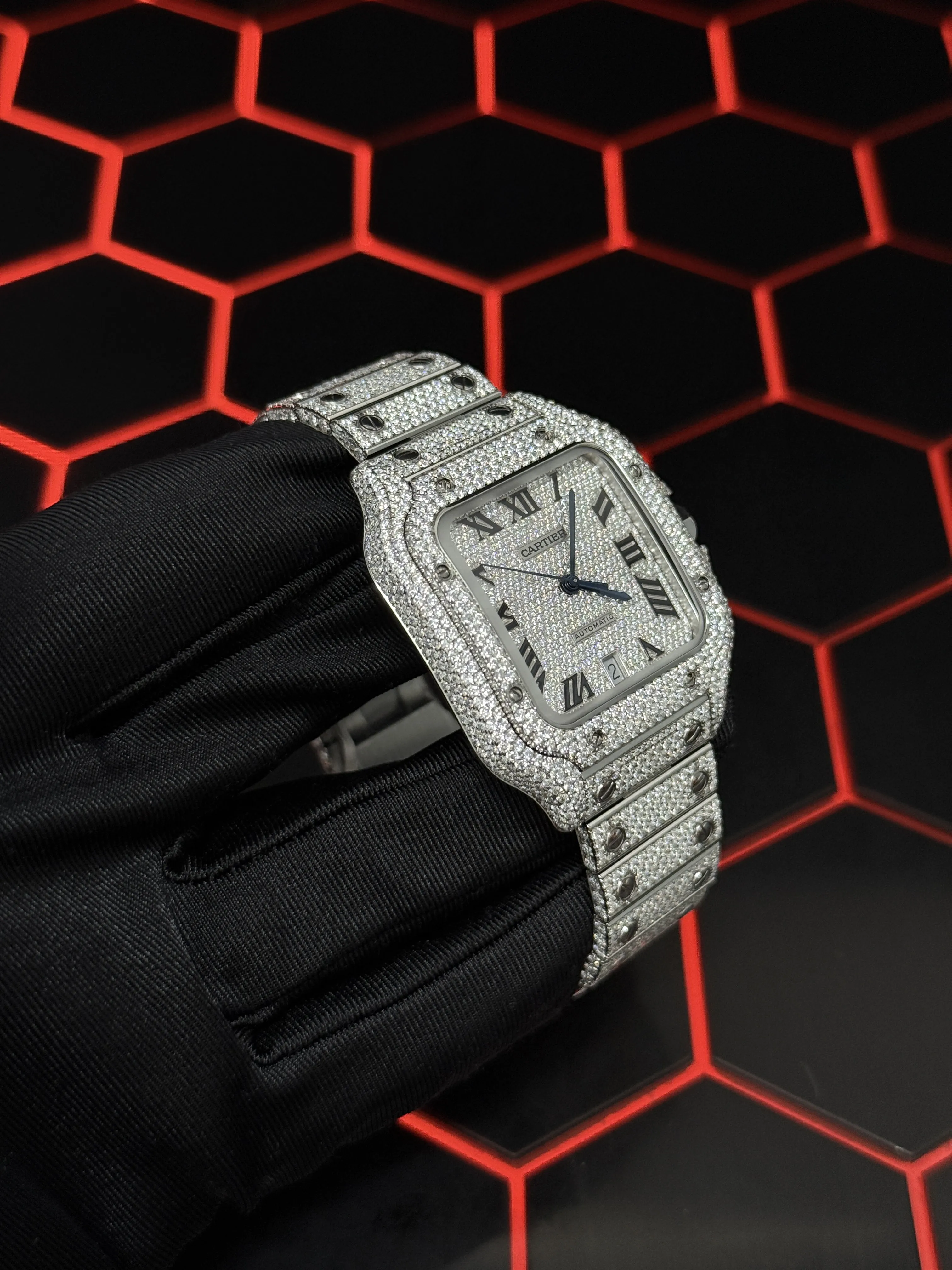 Cartier Santos-Style Iced-Out Pavé Roman Dial Watch D1147519452 — view 3