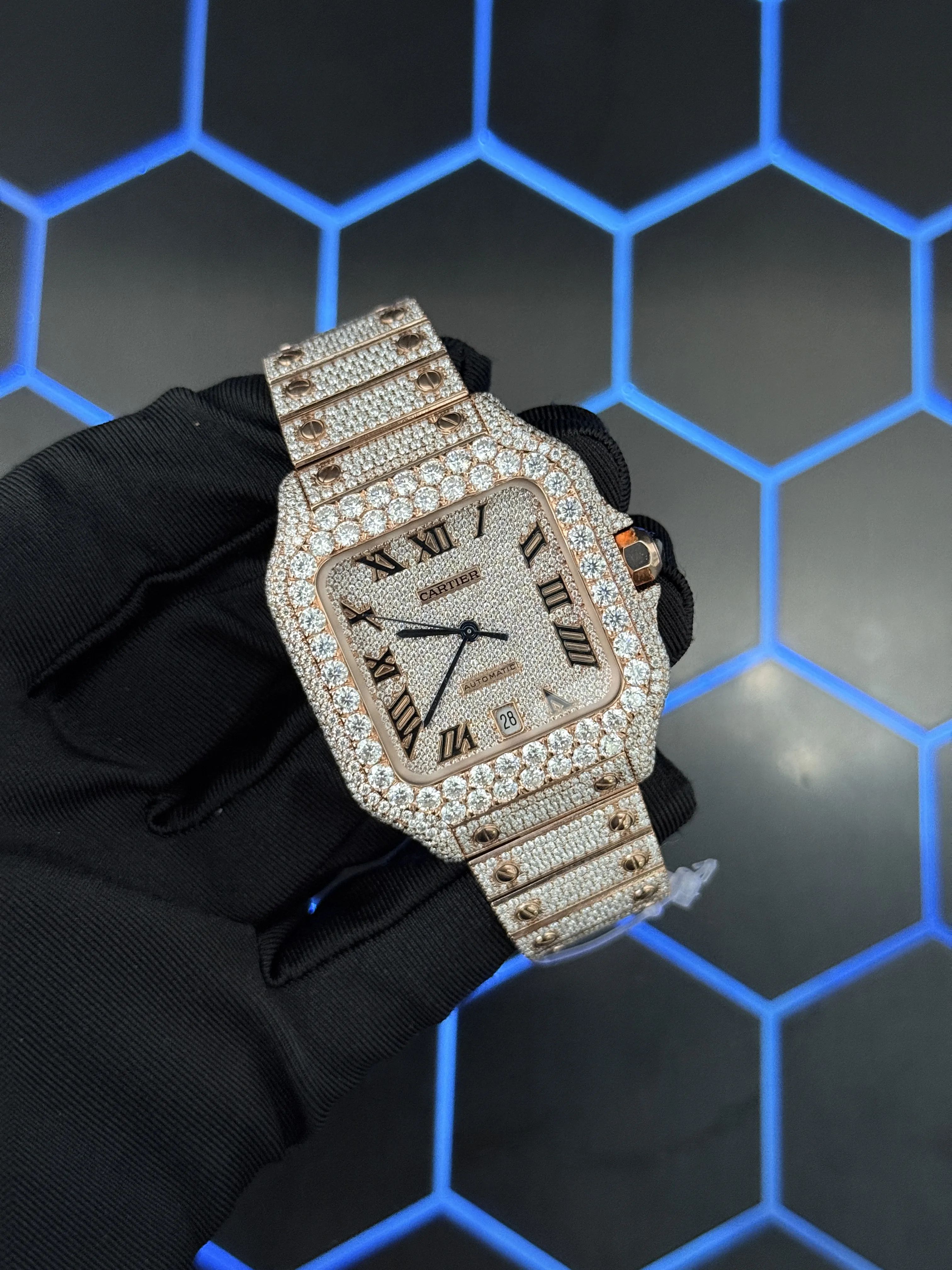 Cartier Santos-Style Rose-Gold-Tone Iced-Out Roman Dial Watch D1147519468 — view 2