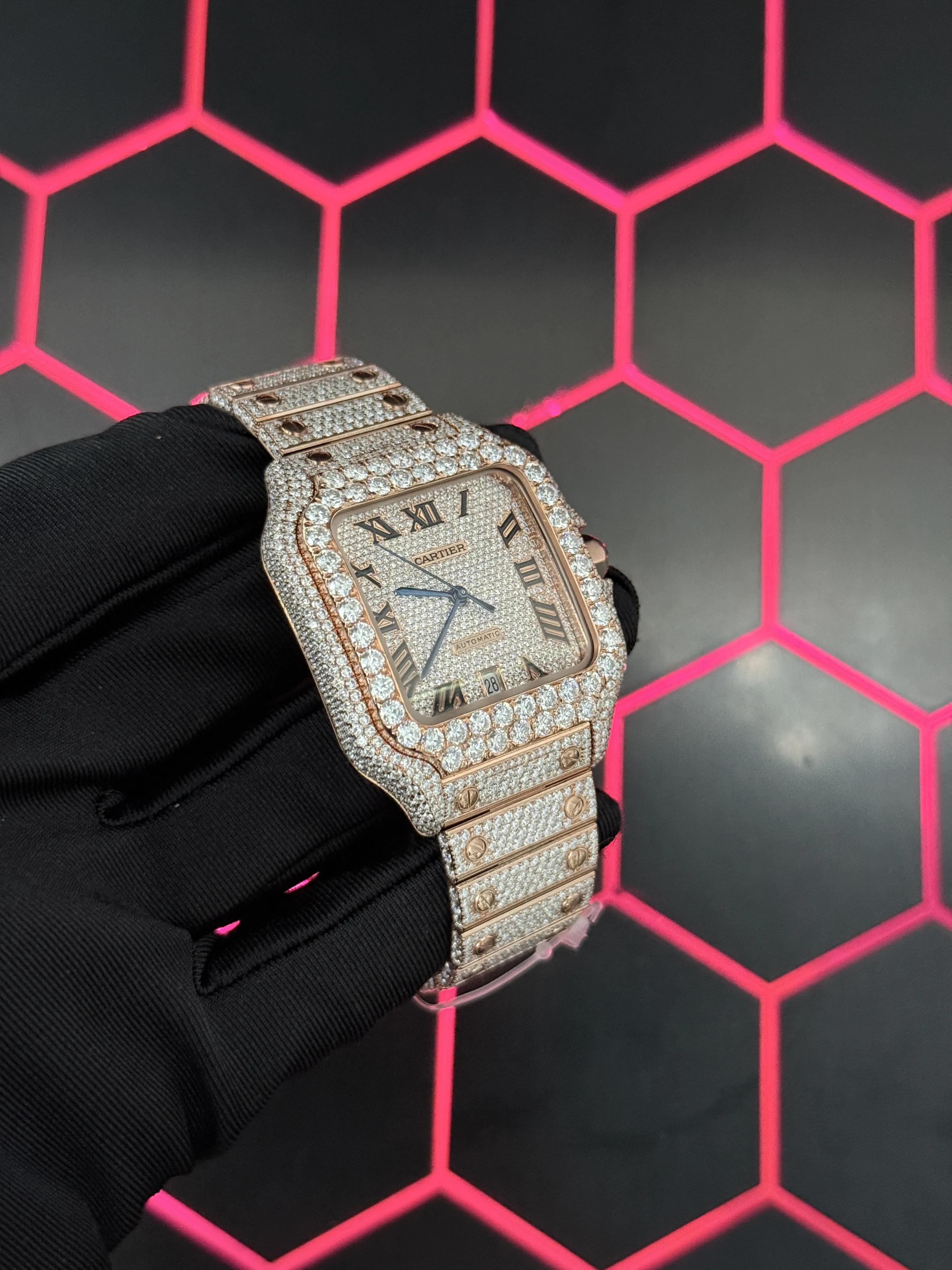 Cartier Santos-Style Rose-Gold-Tone Iced-Out Roman Dial Watch D1147519468 — view 3
