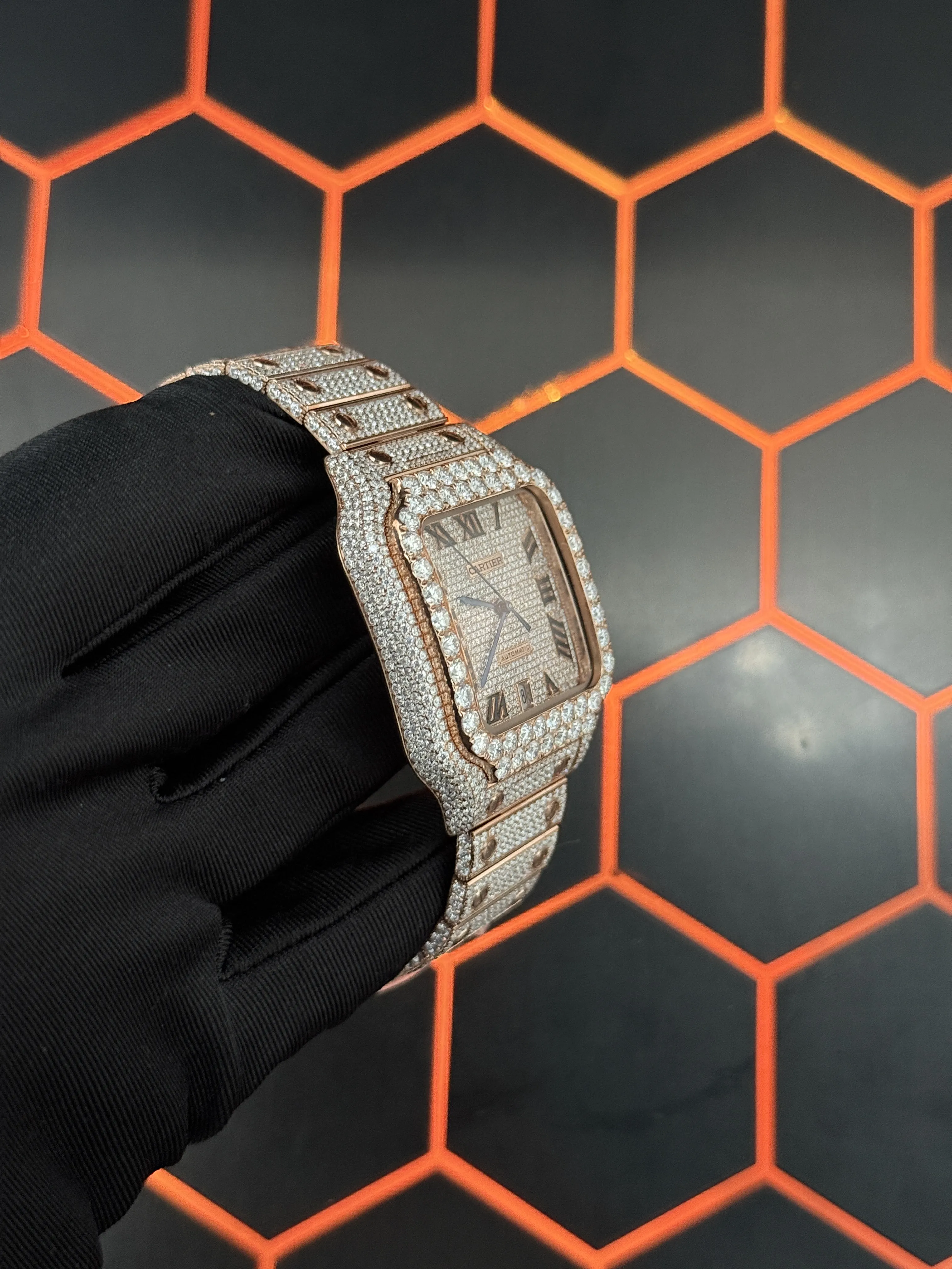 Cartier Santos-Style Rose-Gold-Tone Iced-Out Roman Dial Watch D1147519468 — view 4