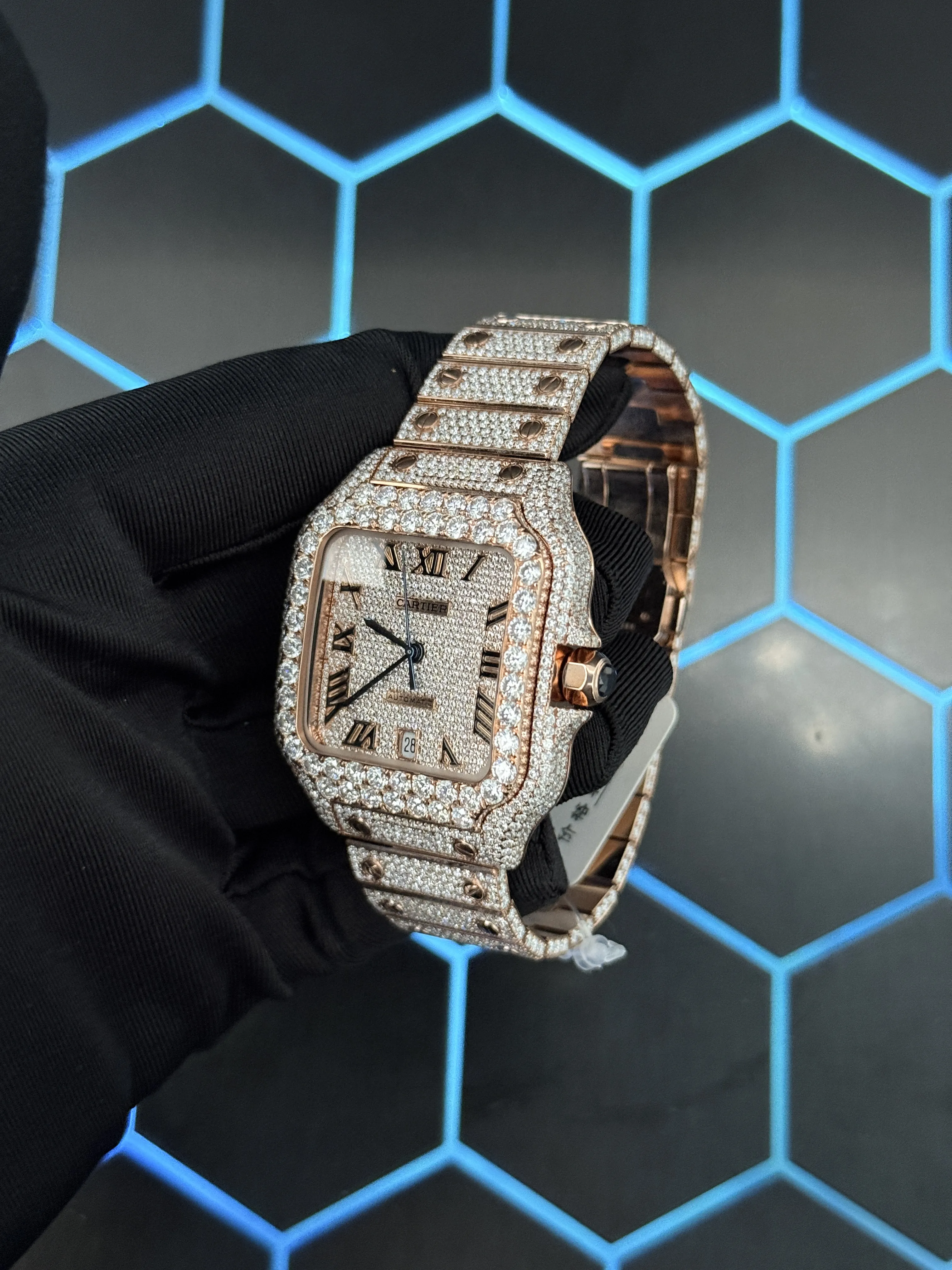 Cartier Santos-Style Rose-Gold-Tone Iced-Out Roman Dial Watch D1147519468 — view 5