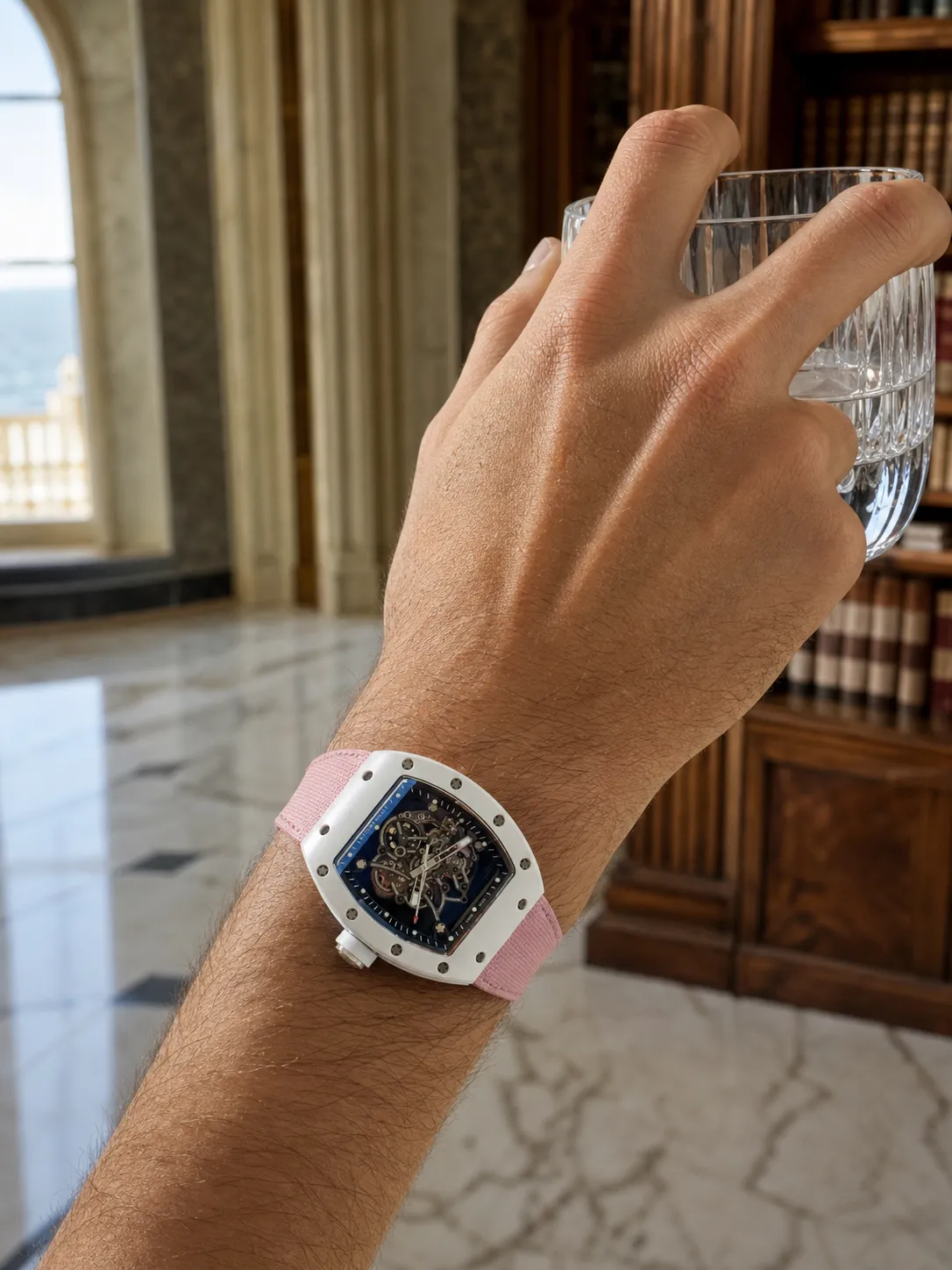 Richard Mille RM 055-Style White Tonneau Skeleton Watch with Pink Strap D641319474