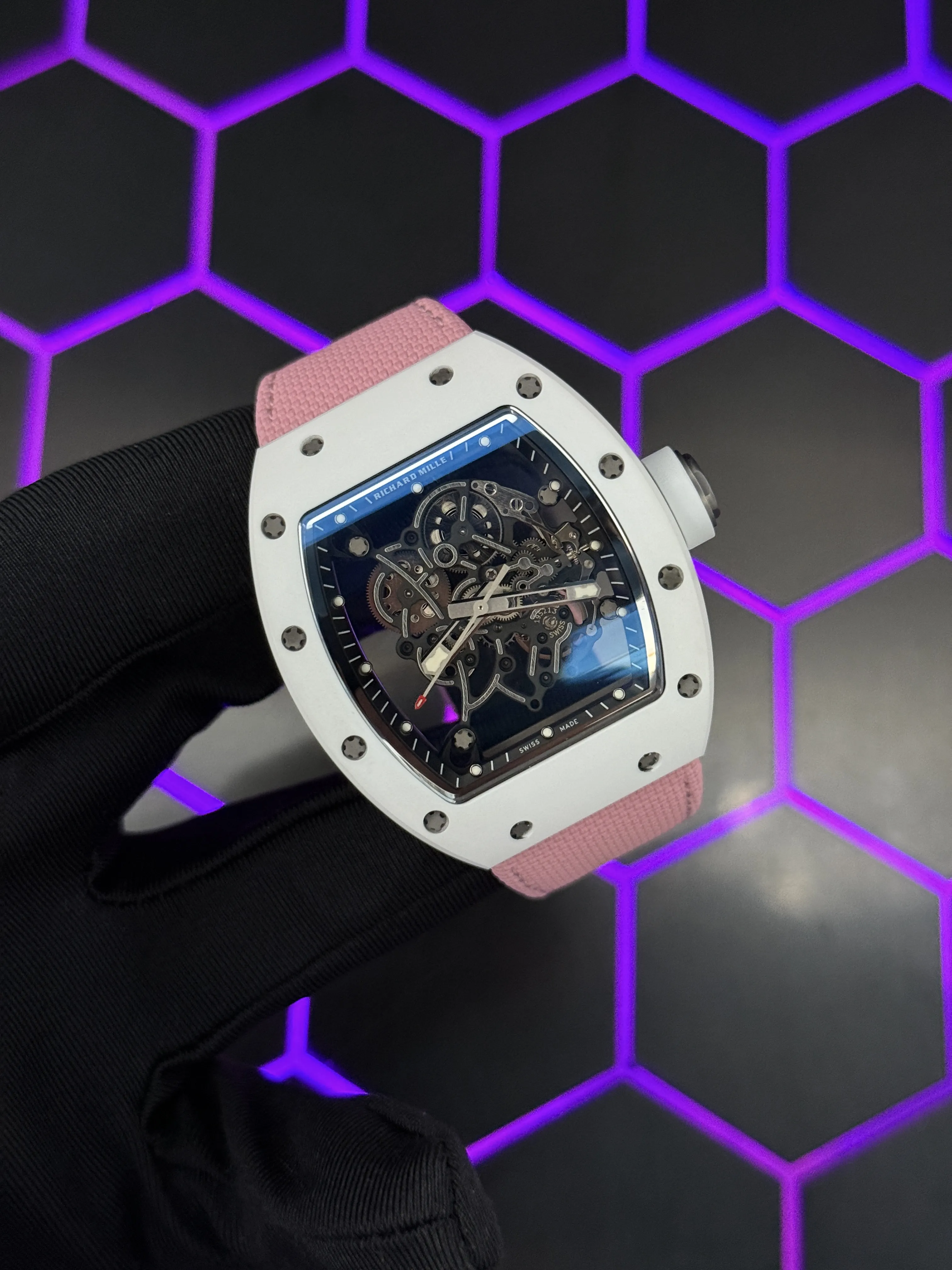 Richard Mille RM 055-Style White Tonneau Skeleton Watch with Pink Strap D641319474 — view 2