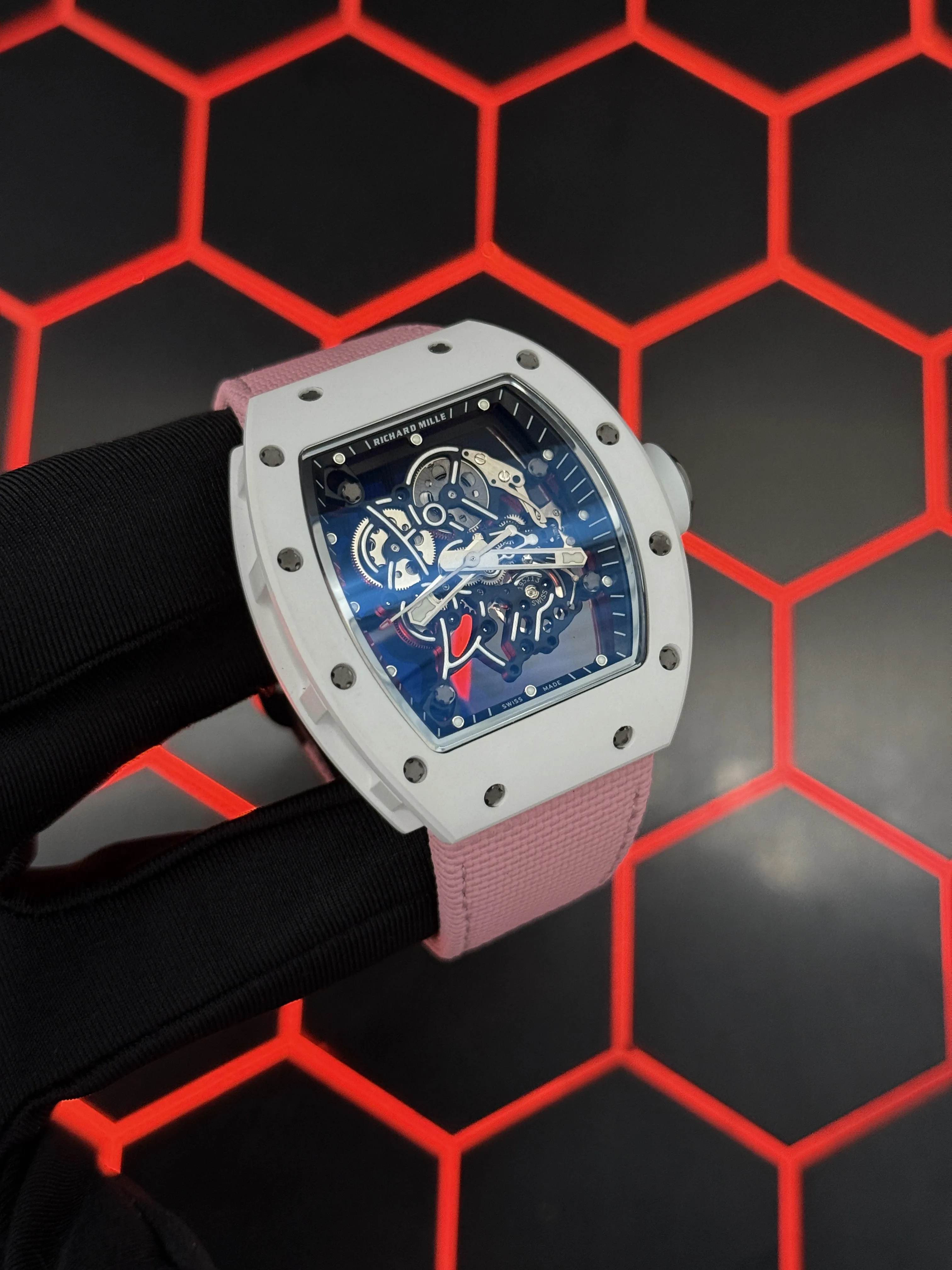 Richard Mille RM 055-Style White Tonneau Skeleton Watch with Pink Strap D641319474 — view 3
