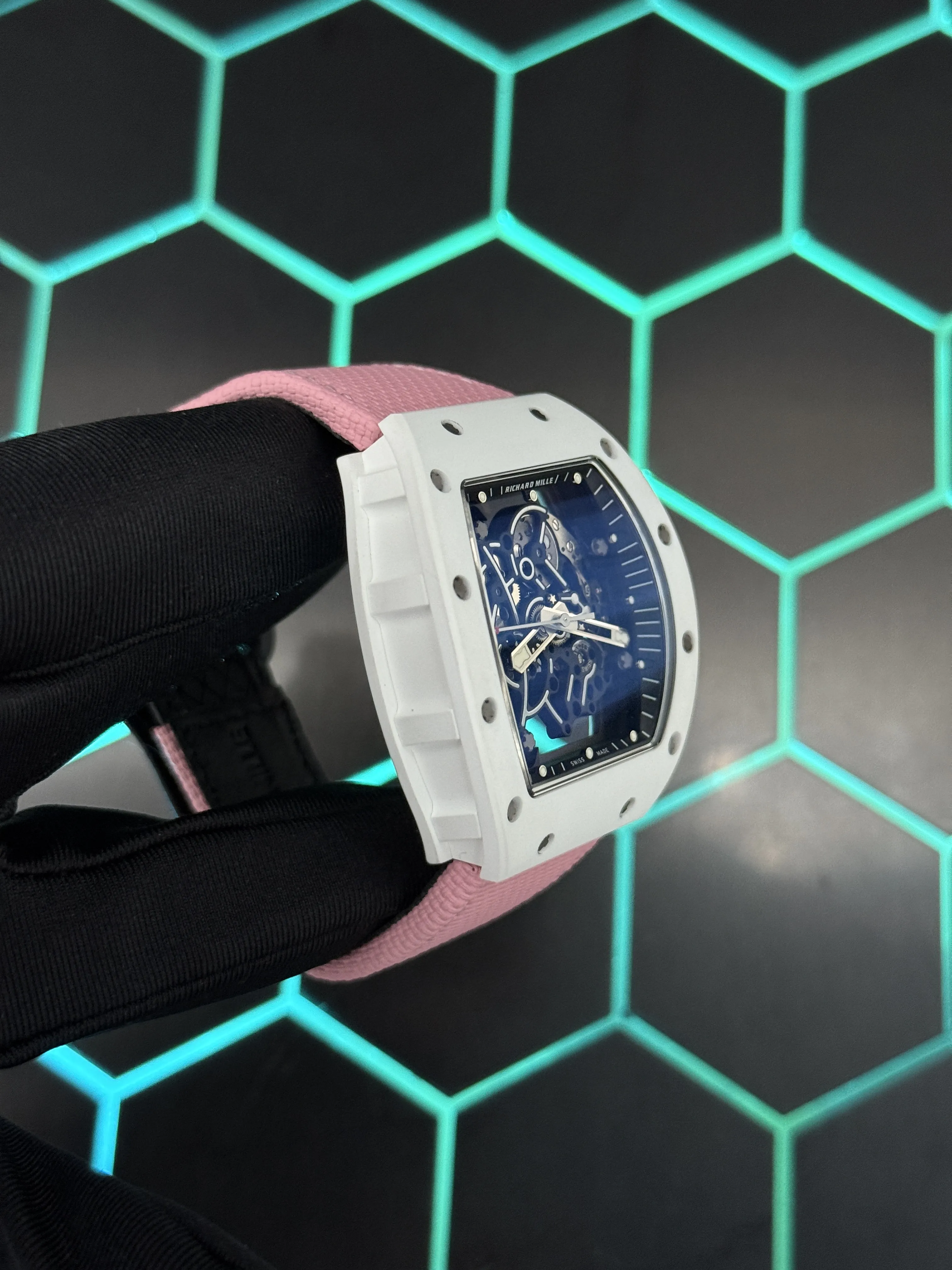 Richard Mille RM 055-Style White Tonneau Skeleton Watch with Pink Strap D641319474 — view 4