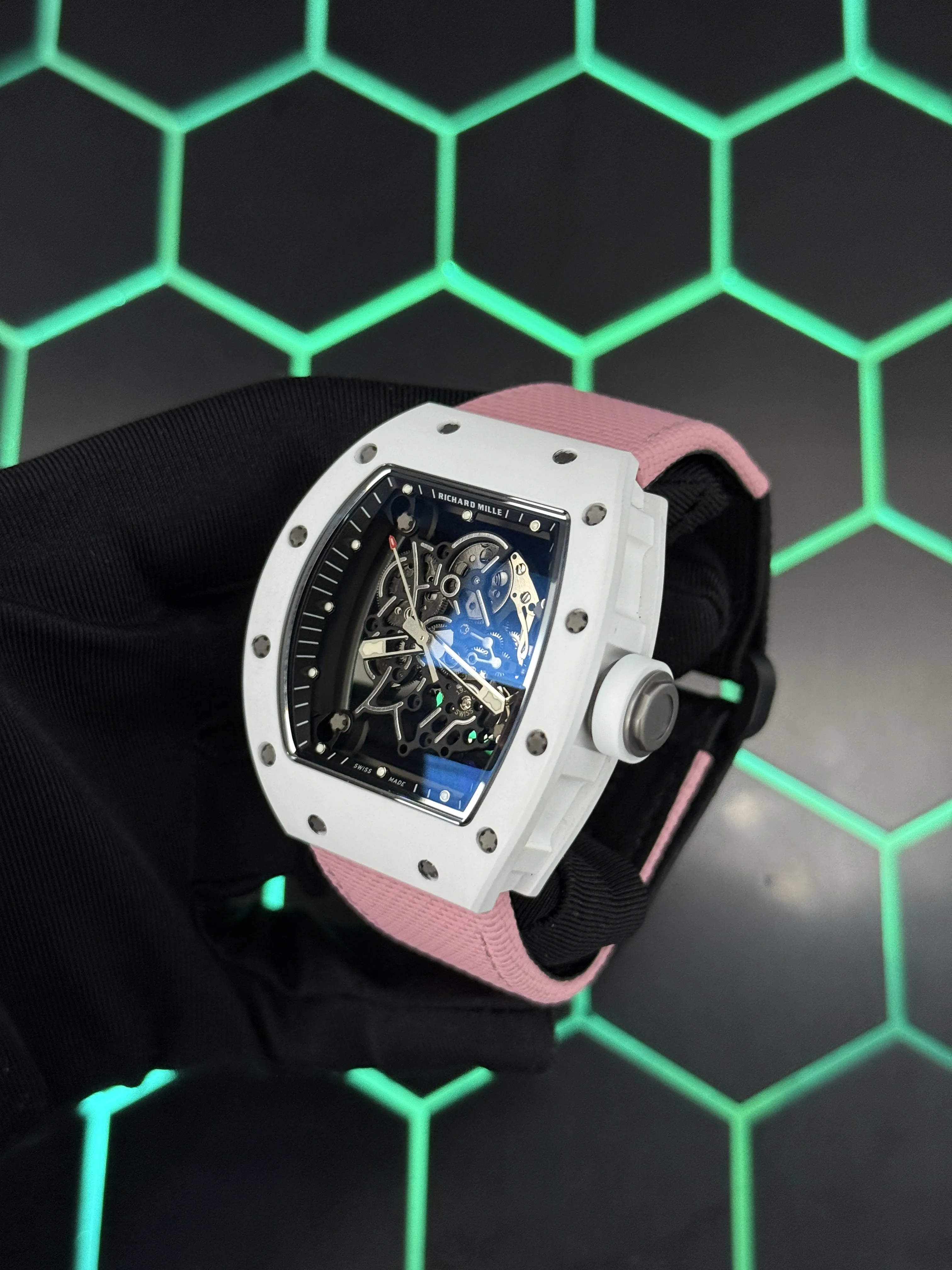 Richard Mille RM 055-Style White Tonneau Skeleton Watch with Pink Strap D641319474 — view 5
