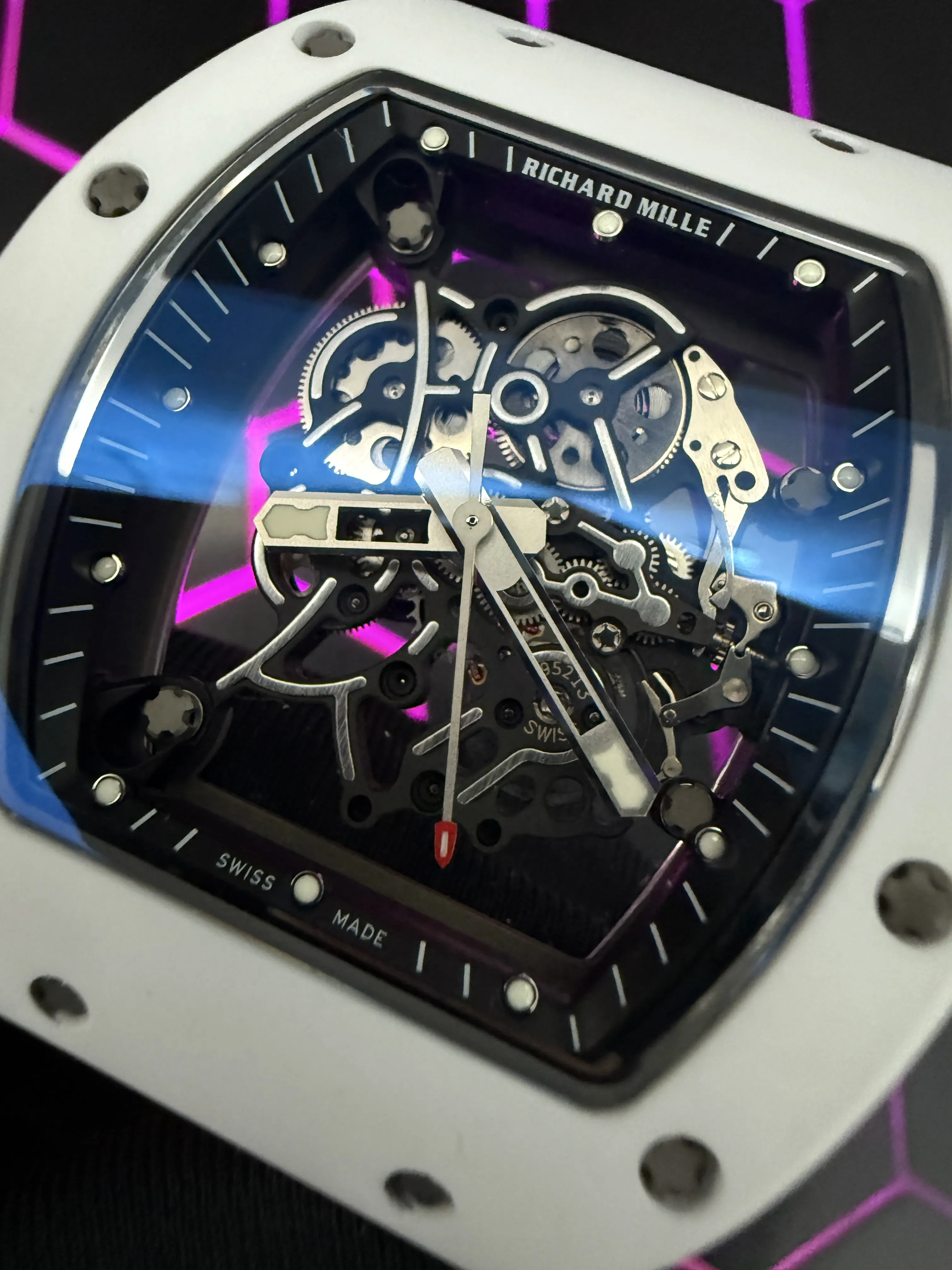 Richard Mille RM 055-Style White Tonneau Skeleton Watch with Pink Strap D641319474 — view 10