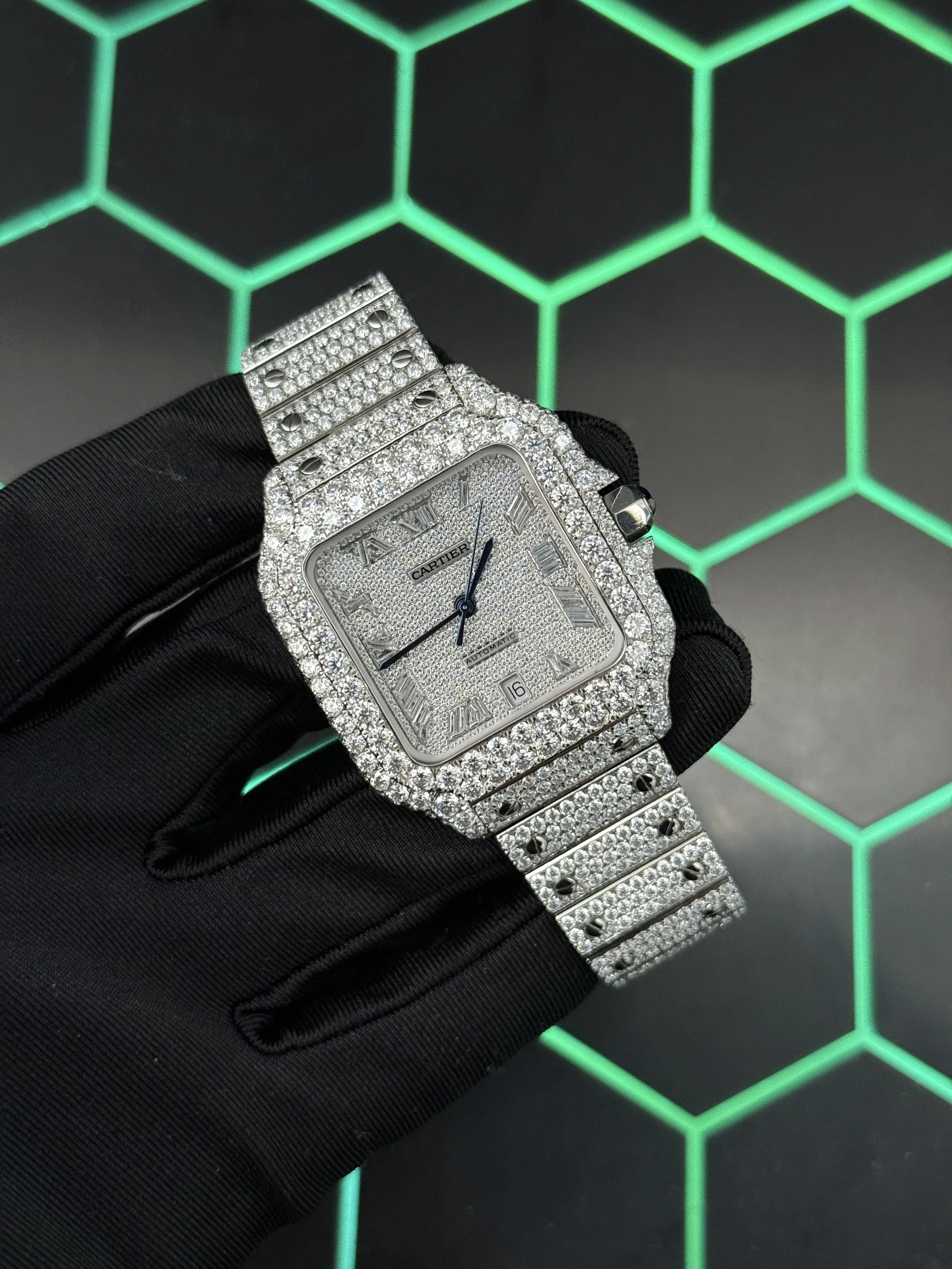 Cartier Santos-Style Silver-Tone Iced-Out Roman Dial Watch D1147519475 — view 2