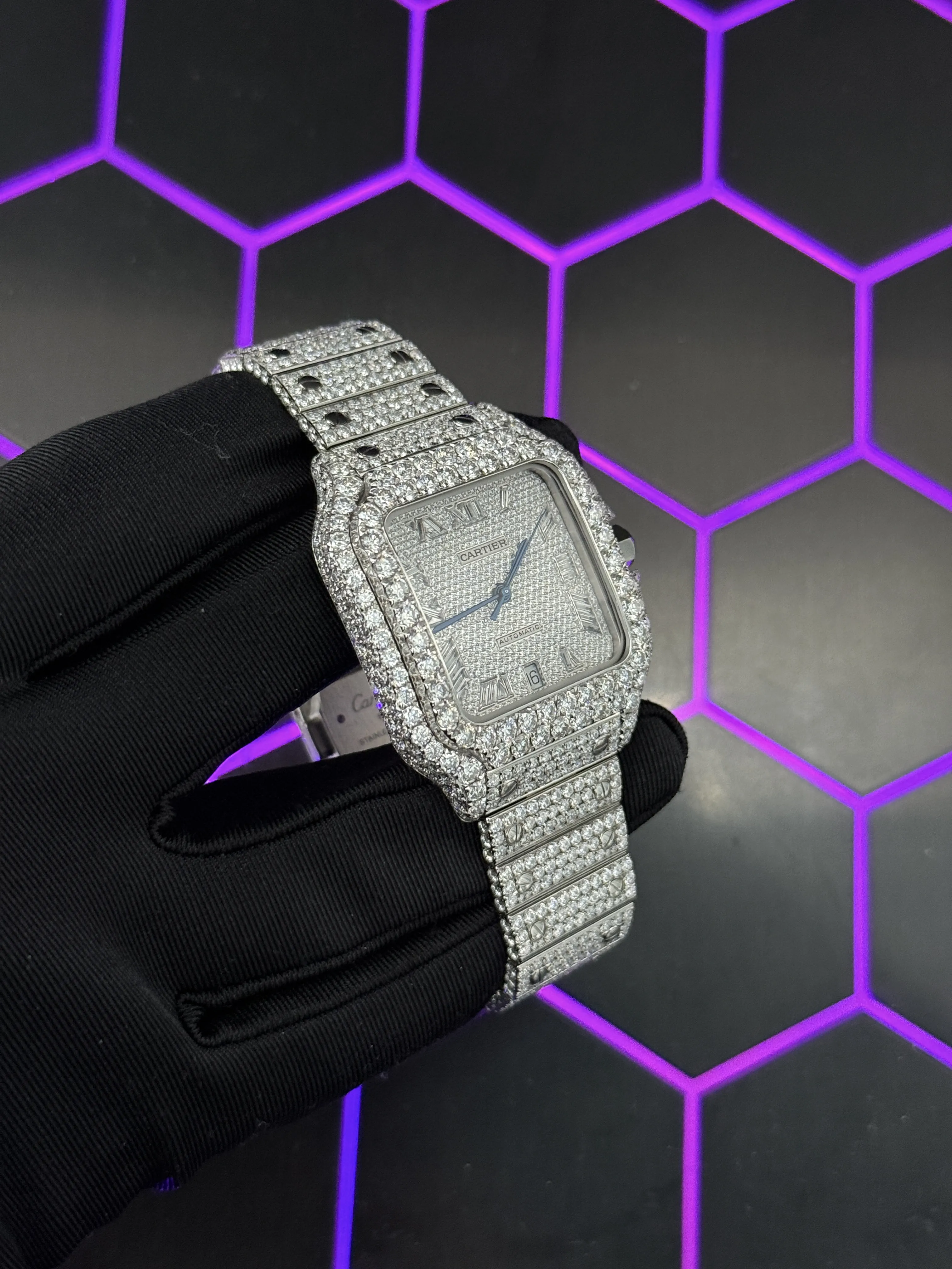 Cartier Santos-Style Silver-Tone Iced-Out Roman Dial Watch D1147519475 — view 3