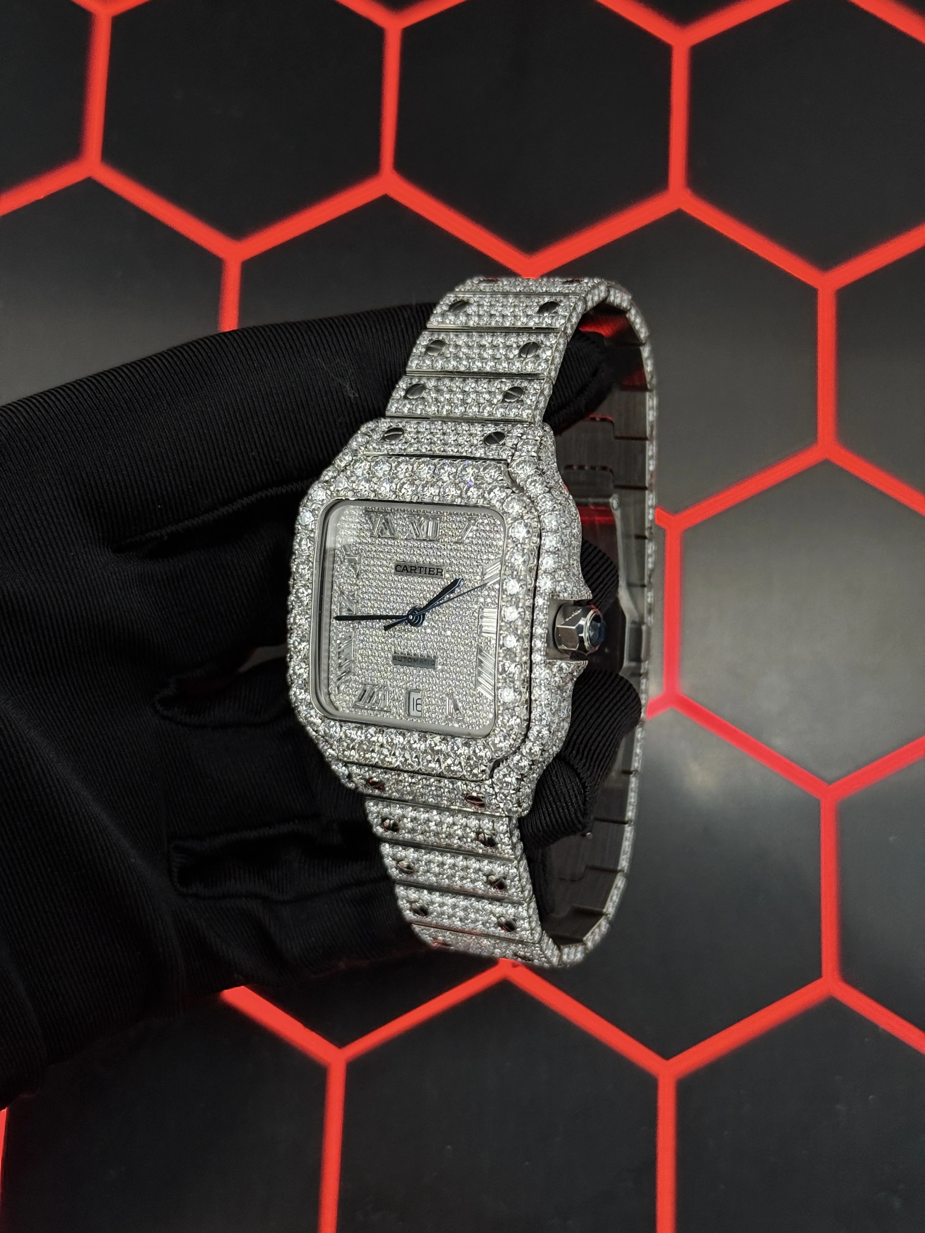 Cartier Santos-Style Silver-Tone Iced-Out Roman Dial Watch D1147519475 — view 4