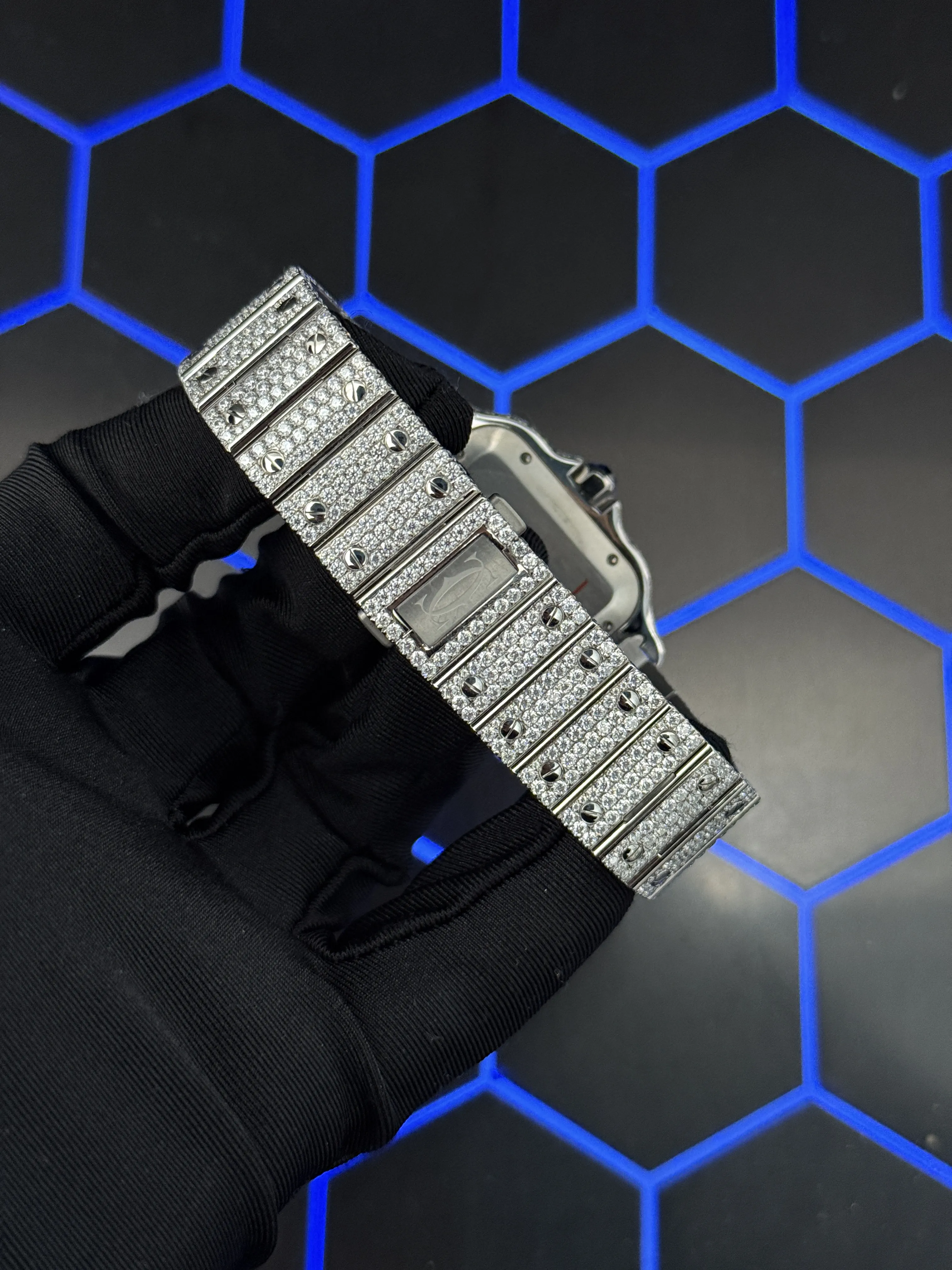 Cartier Santos-Style Silver-Tone Iced-Out Roman Dial Watch D1147519475 — view 7