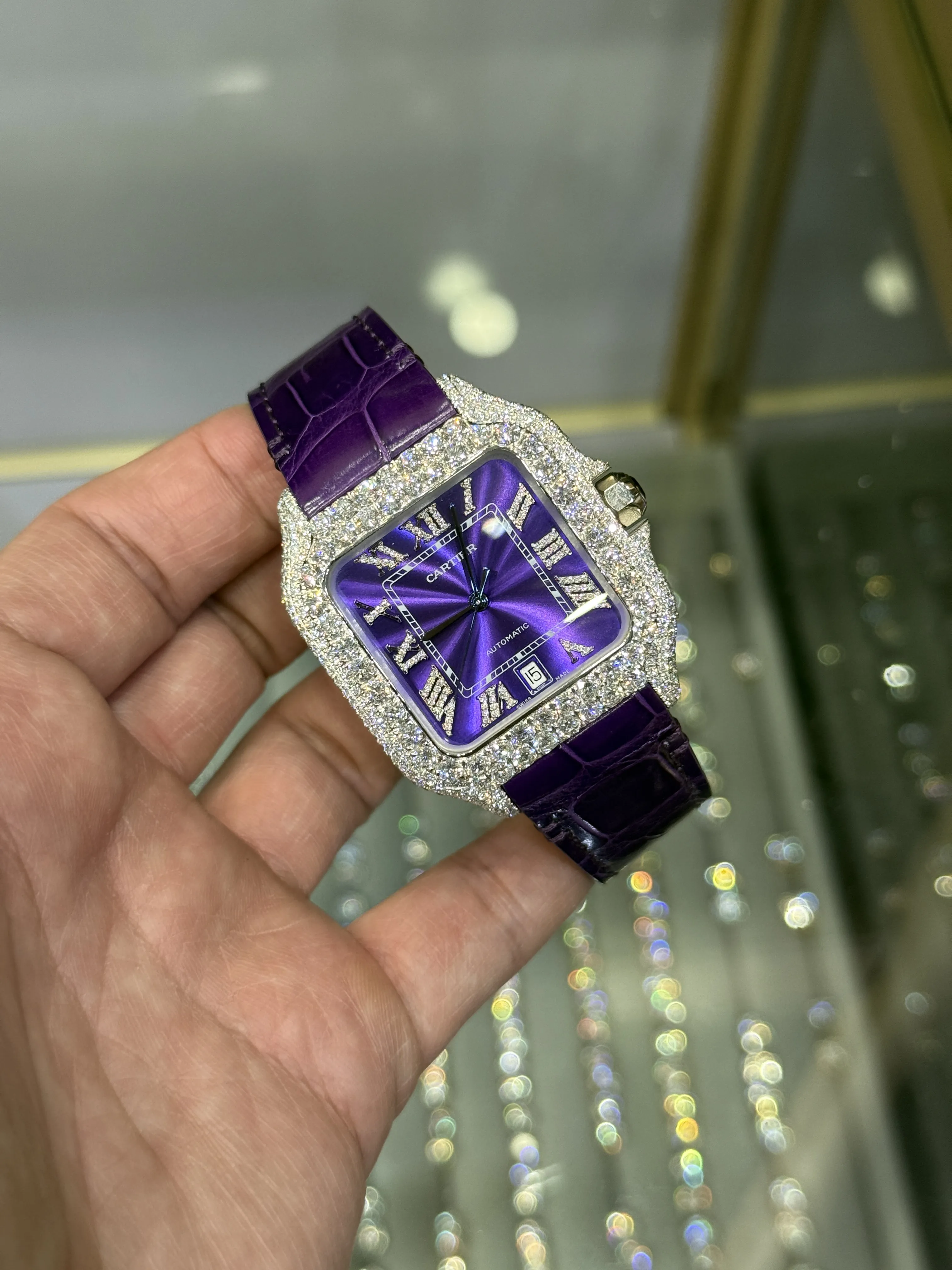 Cartier Santos 100-Style Purple Dial Iced-Out Strap Watch D810019485 — view 2