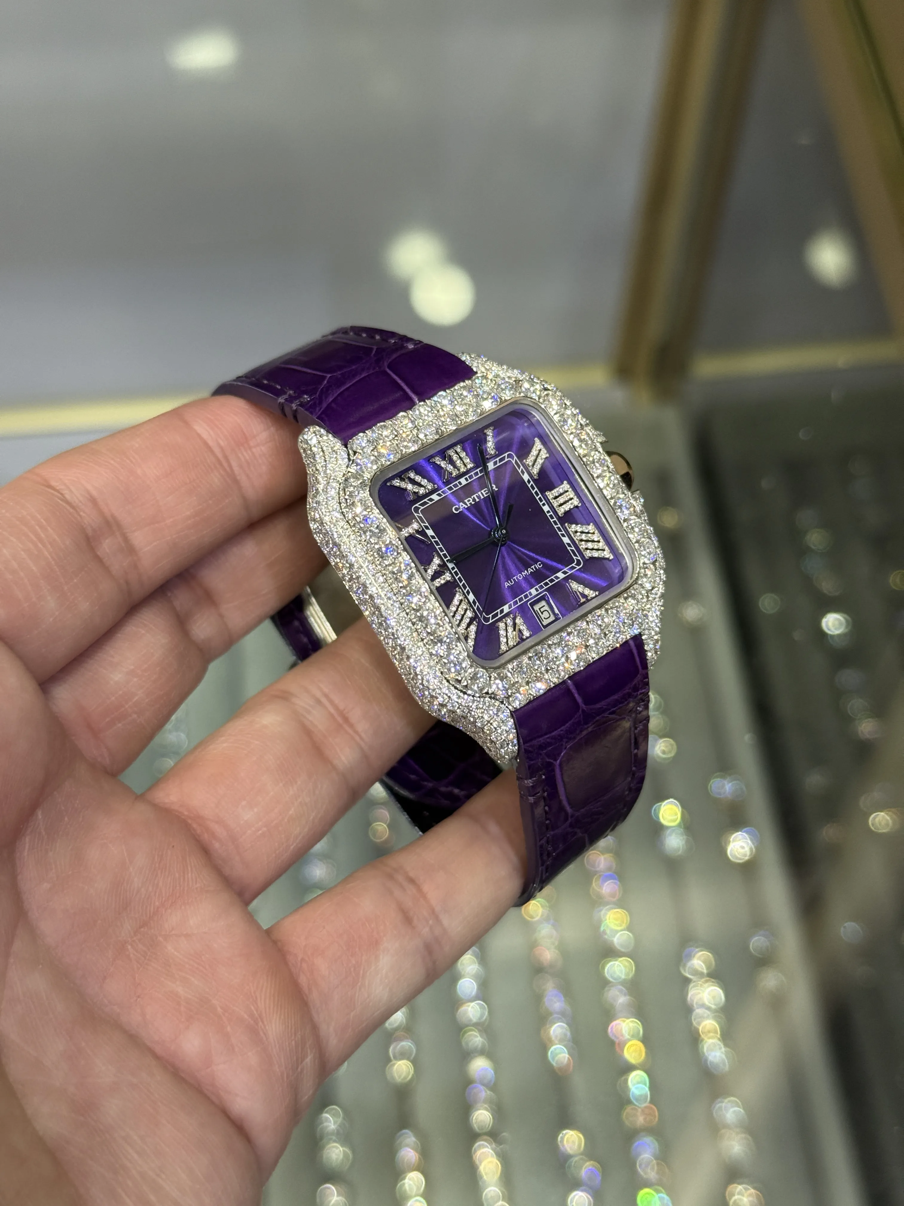 Cartier Santos 100-Style Purple Dial Iced-Out Strap Watch D810019485 — view 3