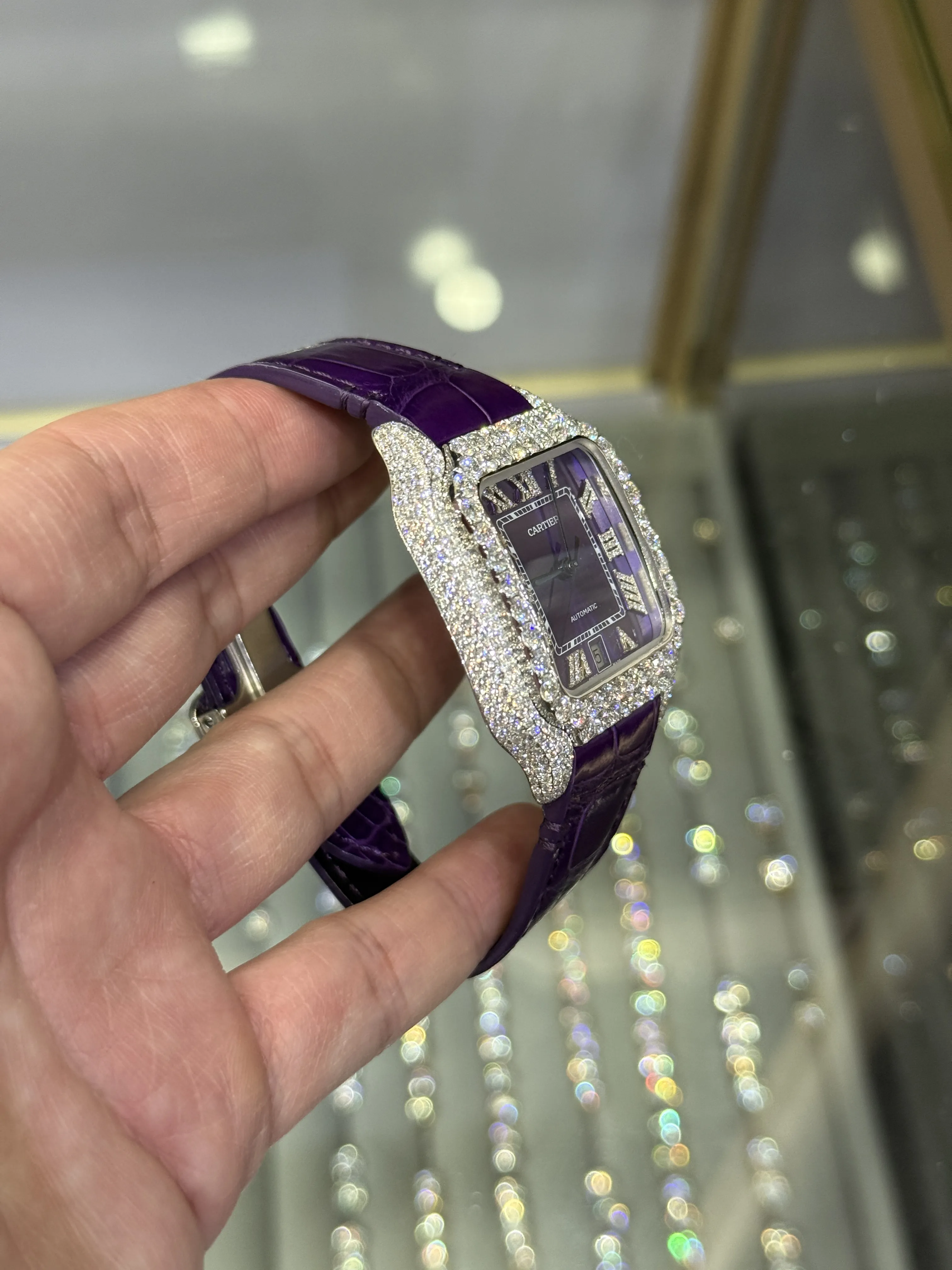 Cartier Santos 100-Style Purple Dial Iced-Out Strap Watch D810019485 — view 4