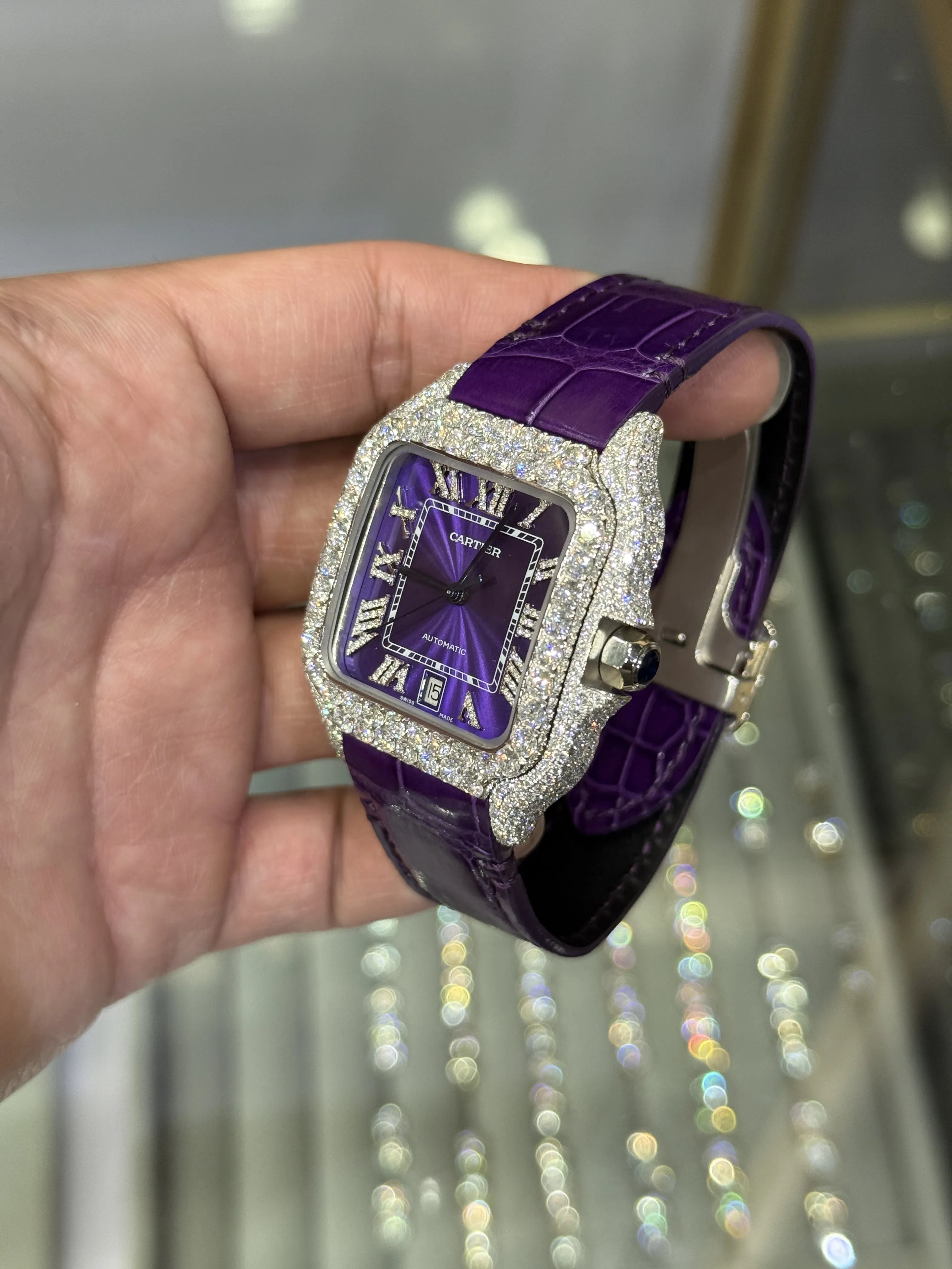Cartier Santos 100-Style Purple Dial Iced-Out Strap Watch D810019485 — view 5