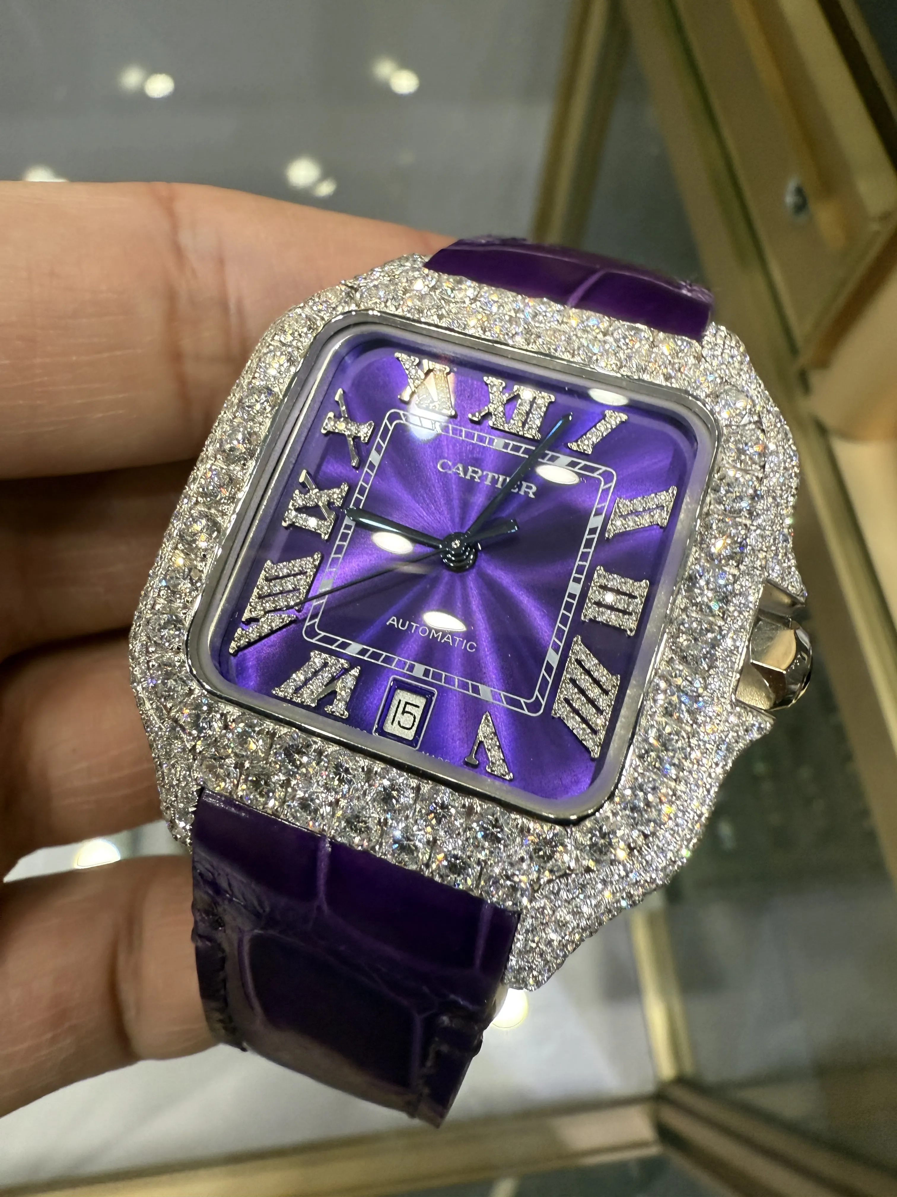 Cartier Santos 100-Style Purple Dial Iced-Out Strap Watch D810019485 — view 9