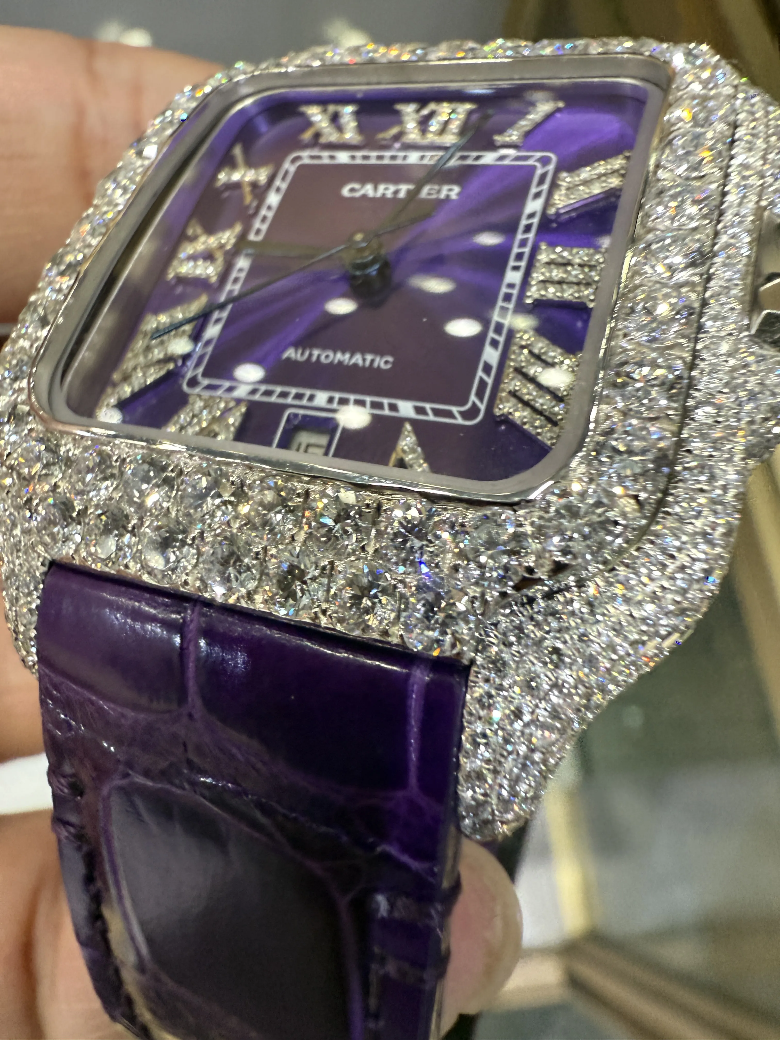 Cartier Santos 100-Style Purple Dial Iced-Out Strap Watch D810019485 — view 10