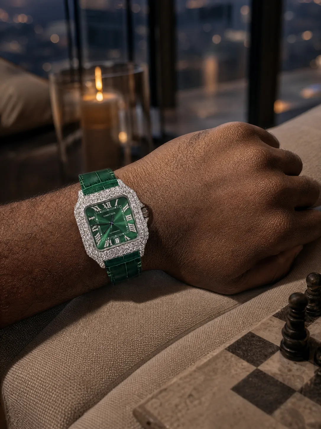 Cartier Santos 100-Style Green Dial Iced-Out Strap Watch D810019486