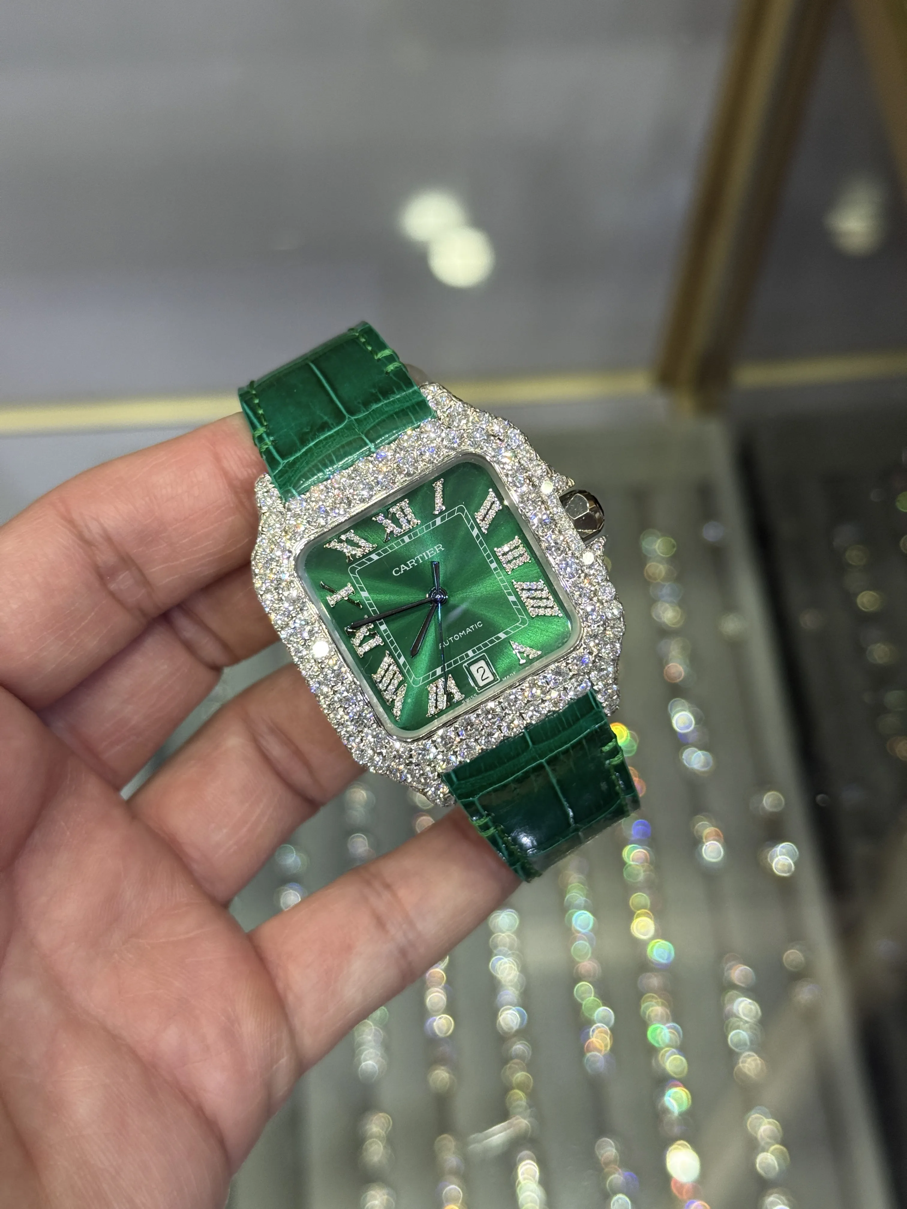 Cartier Santos 100-Style Green Dial Iced-Out Strap Watch D810019486 — view 2