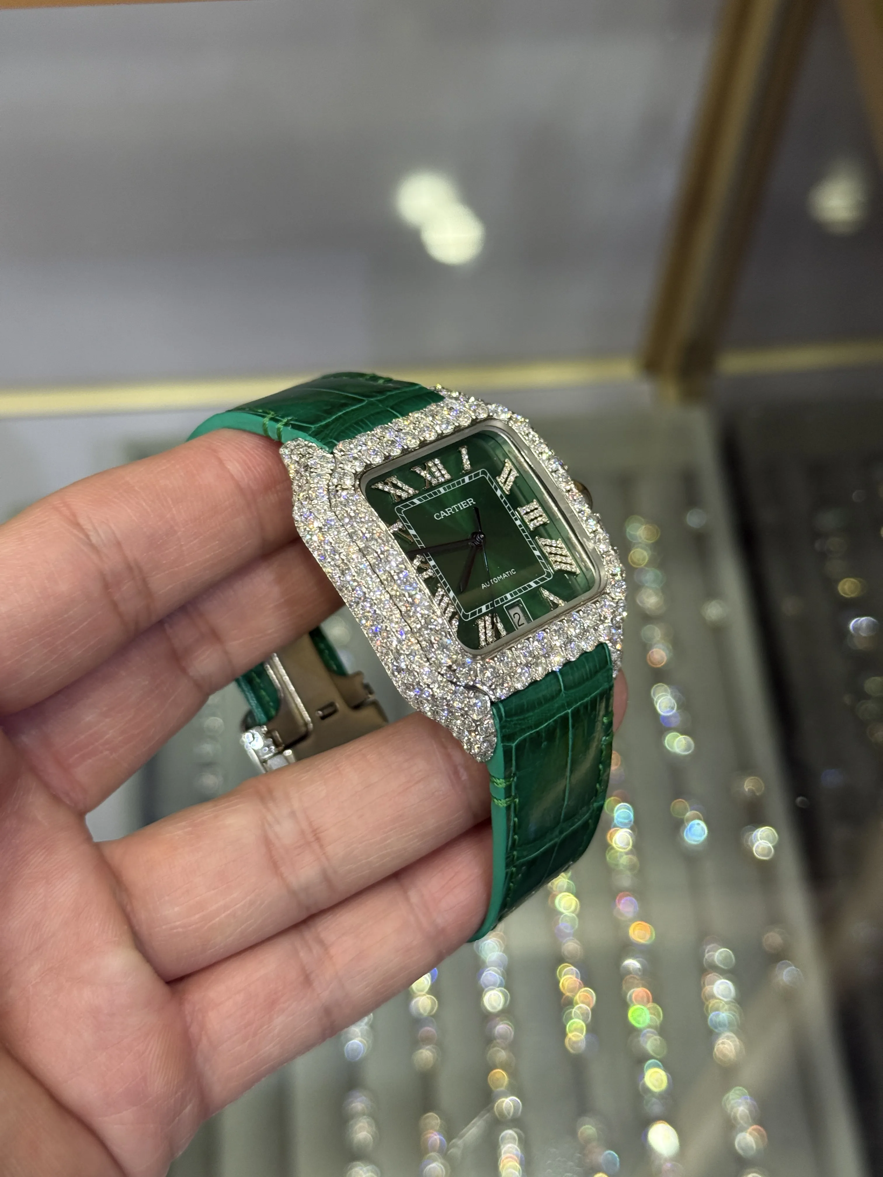 Cartier Santos 100-Style Green Dial Iced-Out Strap Watch D810019486 — view 3