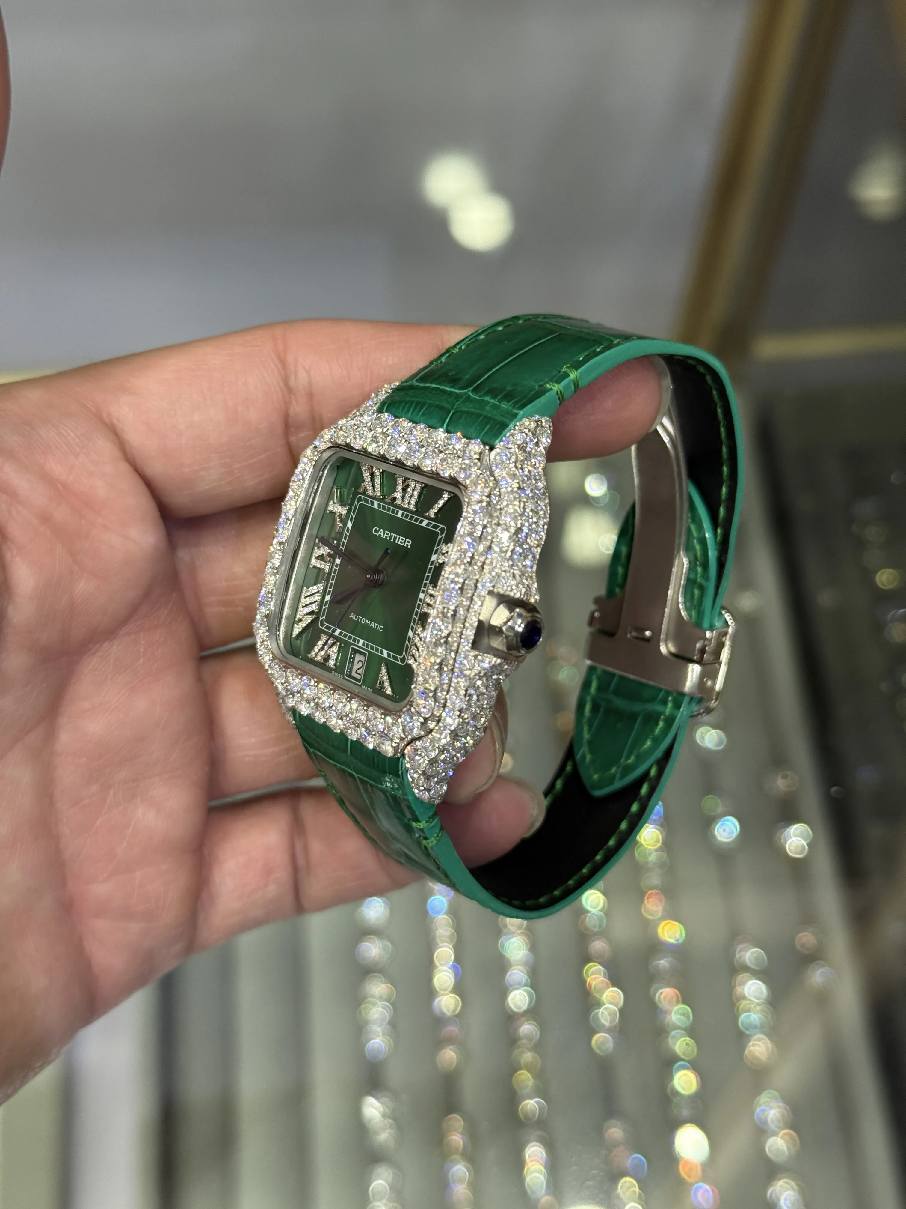Cartier Santos 100-Style Green Dial Iced-Out Strap Watch D810019486 — view 4