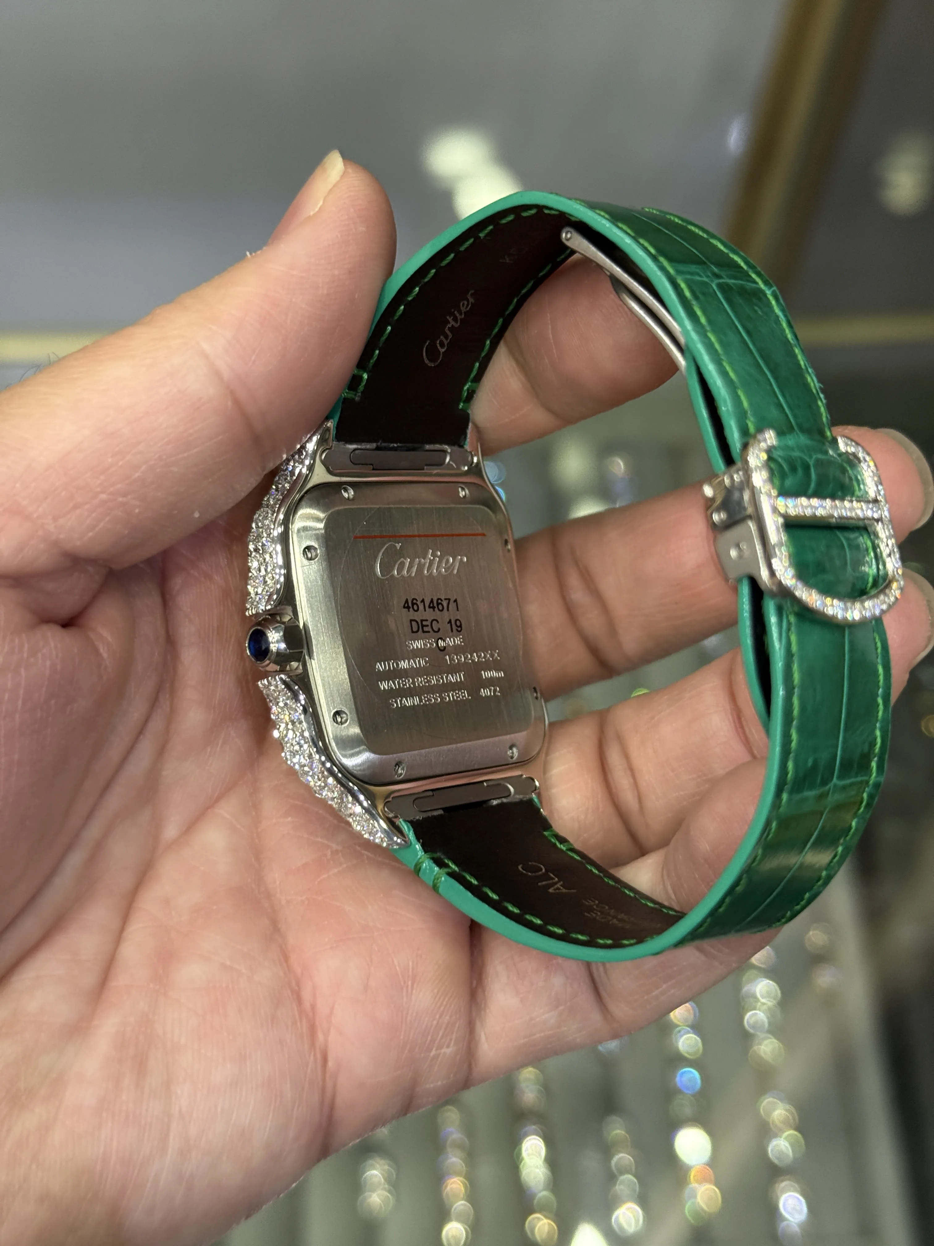 Cartier Santos 100-Style Green Dial Iced-Out Strap Watch D810019486 — view 6