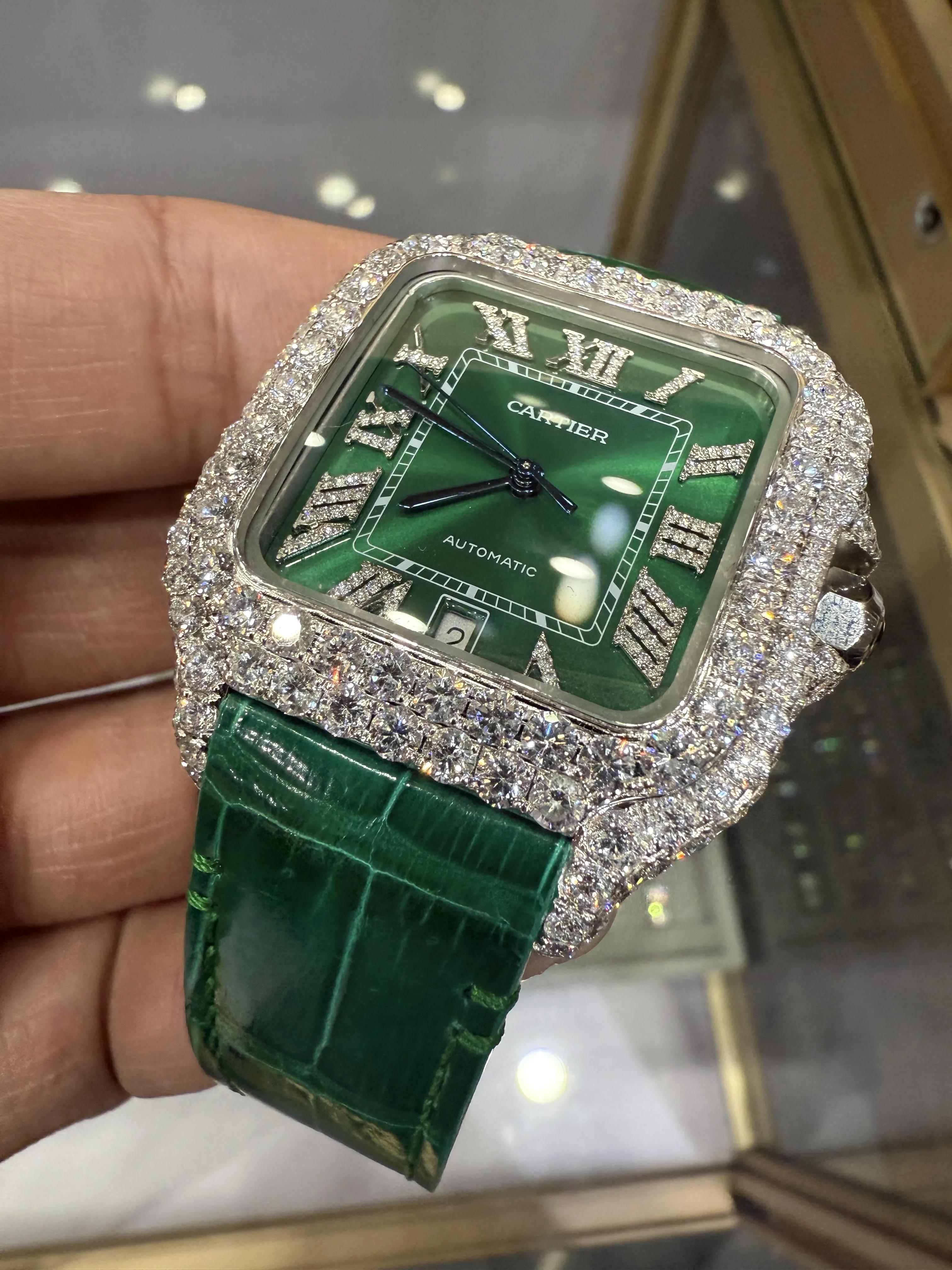 Cartier Santos 100-Style Green Dial Iced-Out Strap Watch D810019486 — view 8