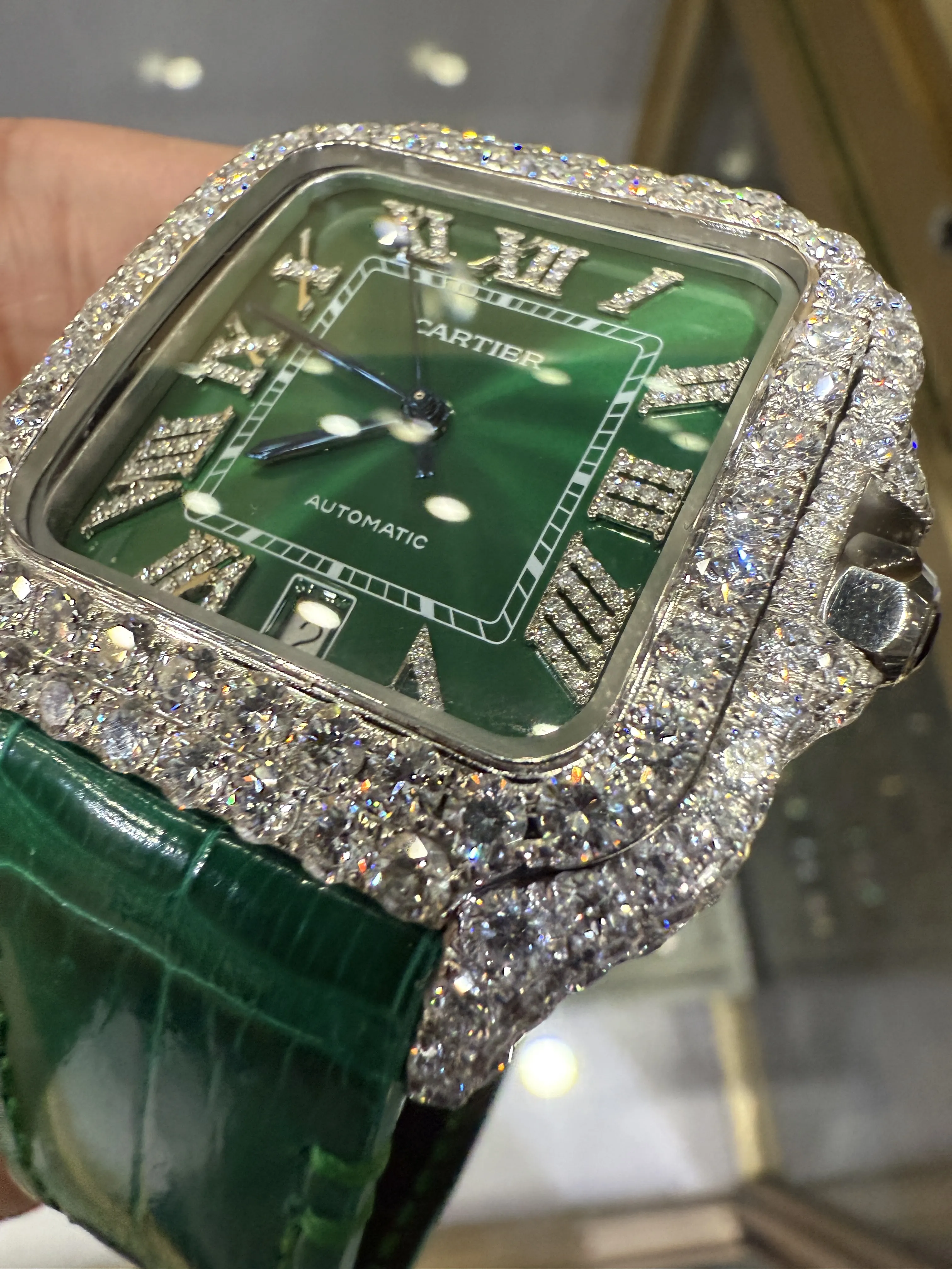 Cartier Santos 100-Style Green Dial Iced-Out Strap Watch D810019486 — view 9