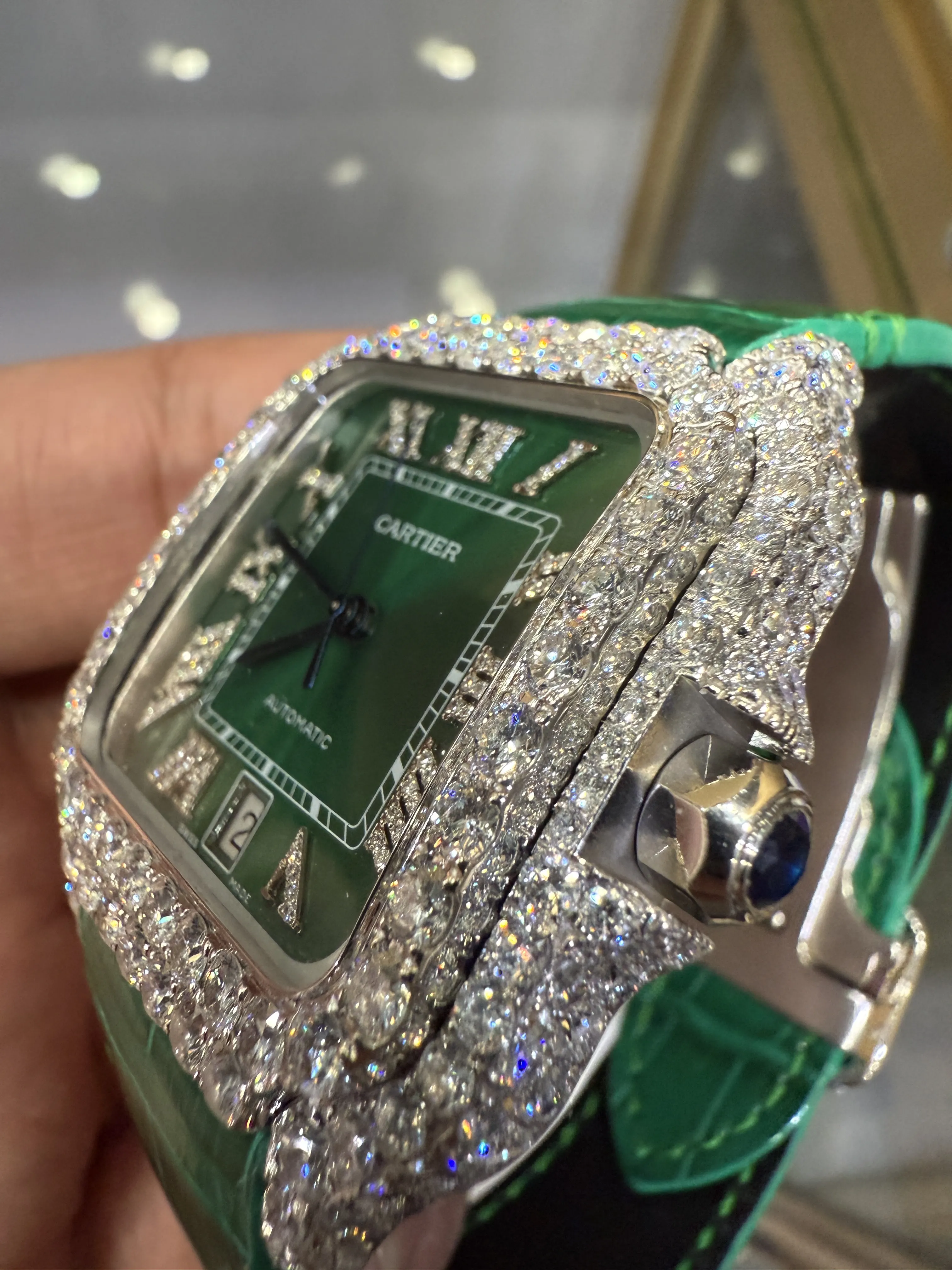 Cartier Santos 100-Style Green Dial Iced-Out Strap Watch D810019486 — view 10