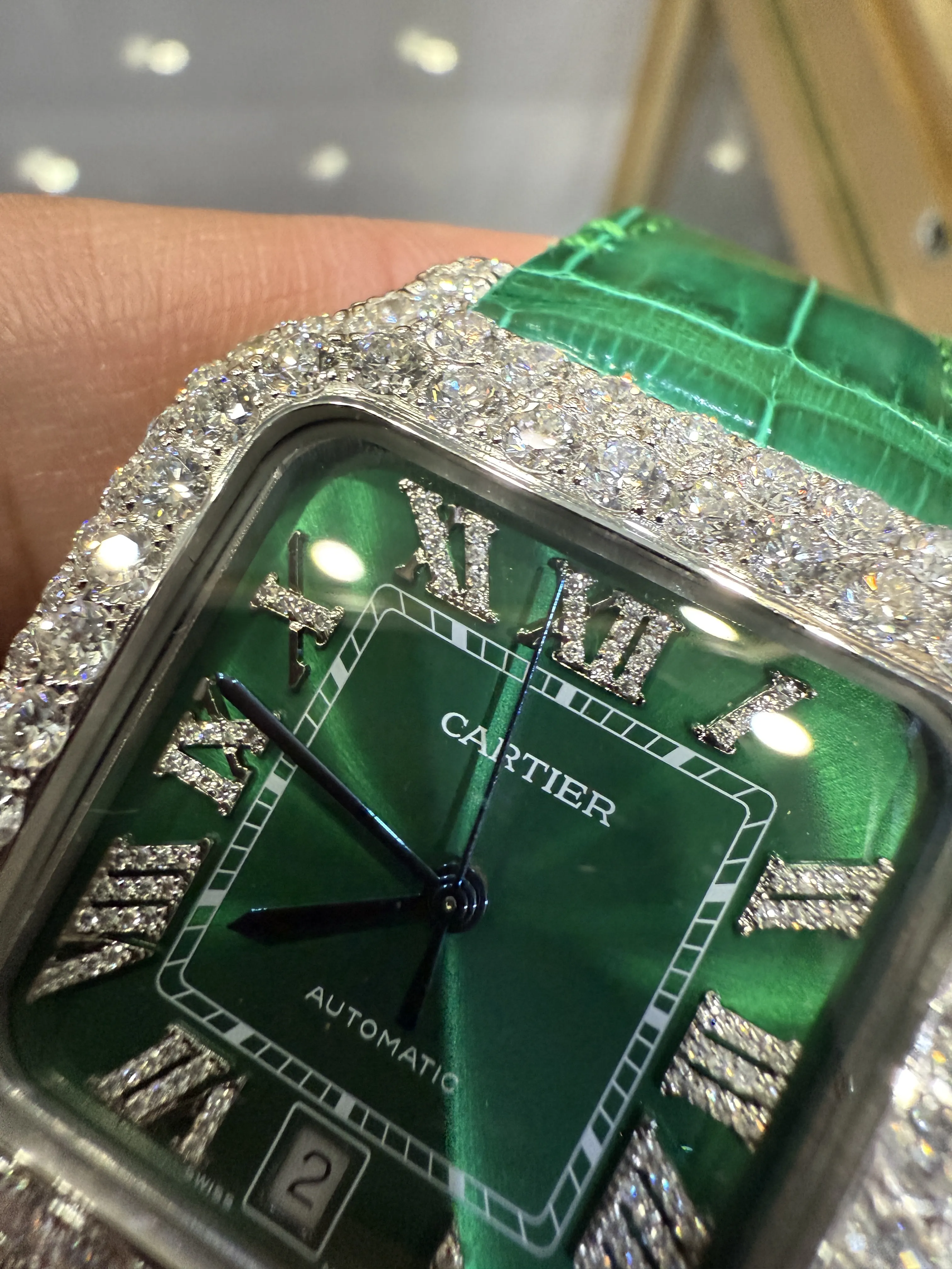 Cartier Santos 100-Style Green Dial Iced-Out Strap Watch D810019486 — view 11