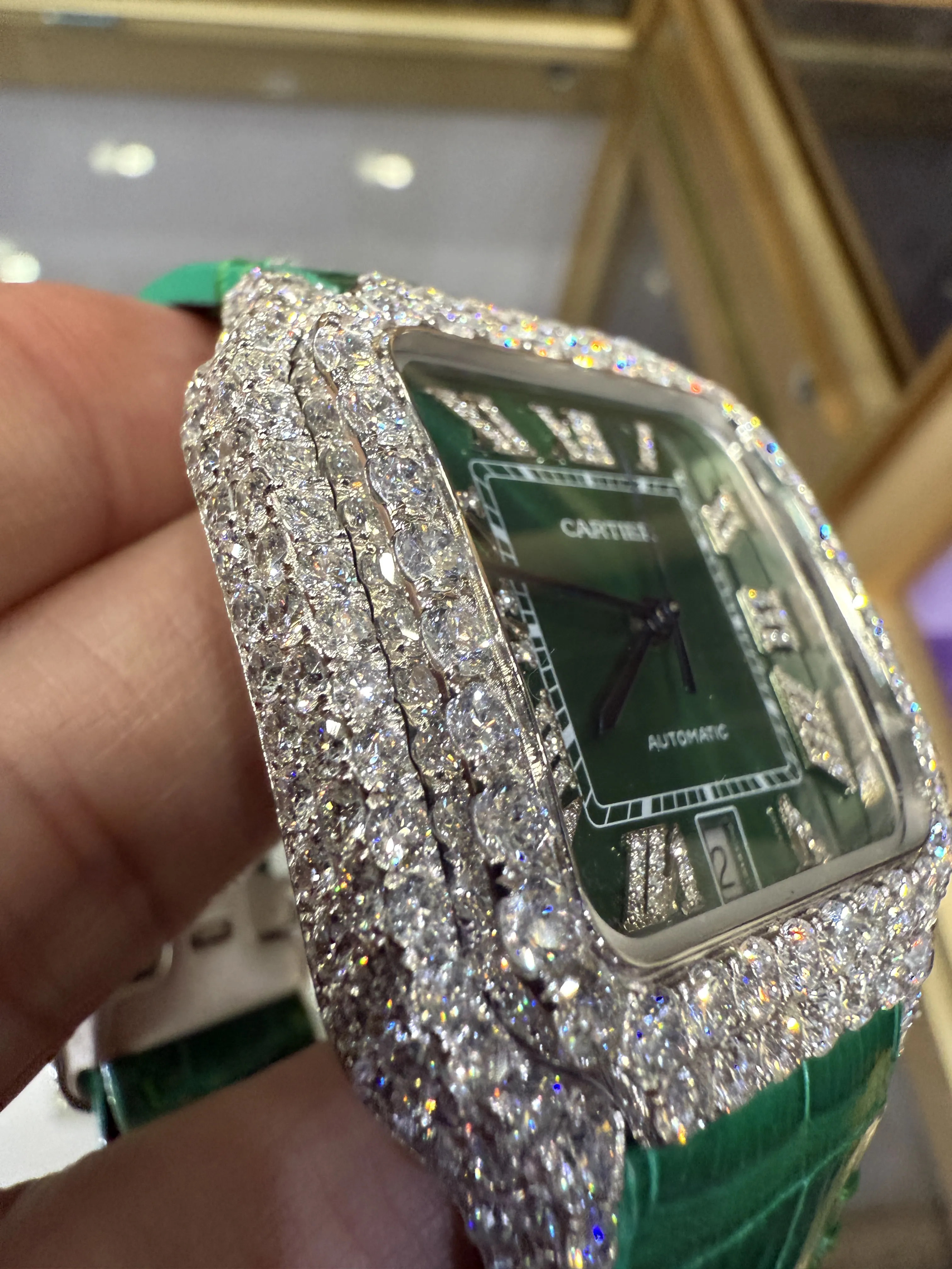 Cartier Santos 100-Style Green Dial Iced-Out Strap Watch D810019486 — view 12