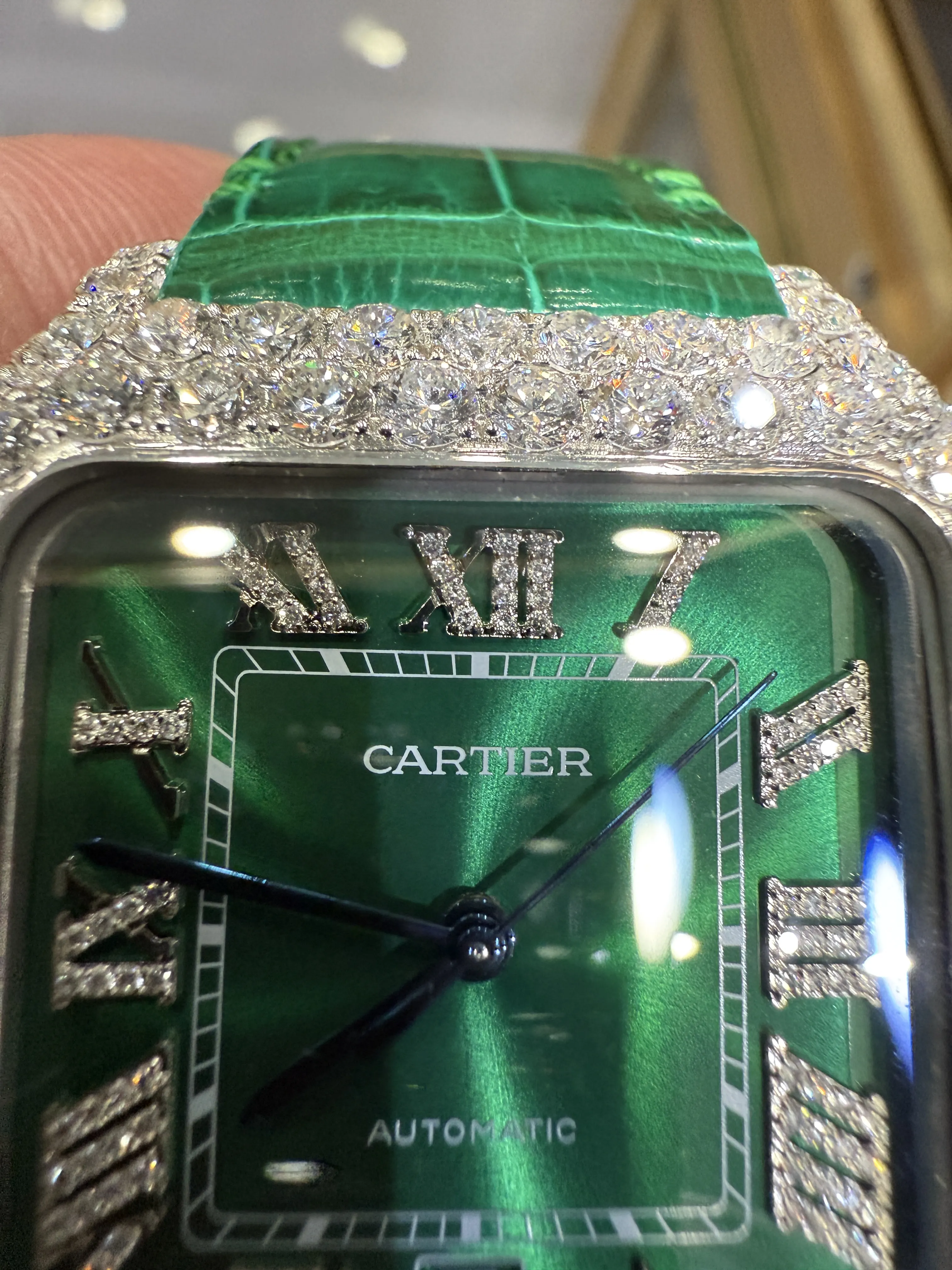 Cartier Santos 100-Style Green Dial Iced-Out Strap Watch D810019486 — view 13