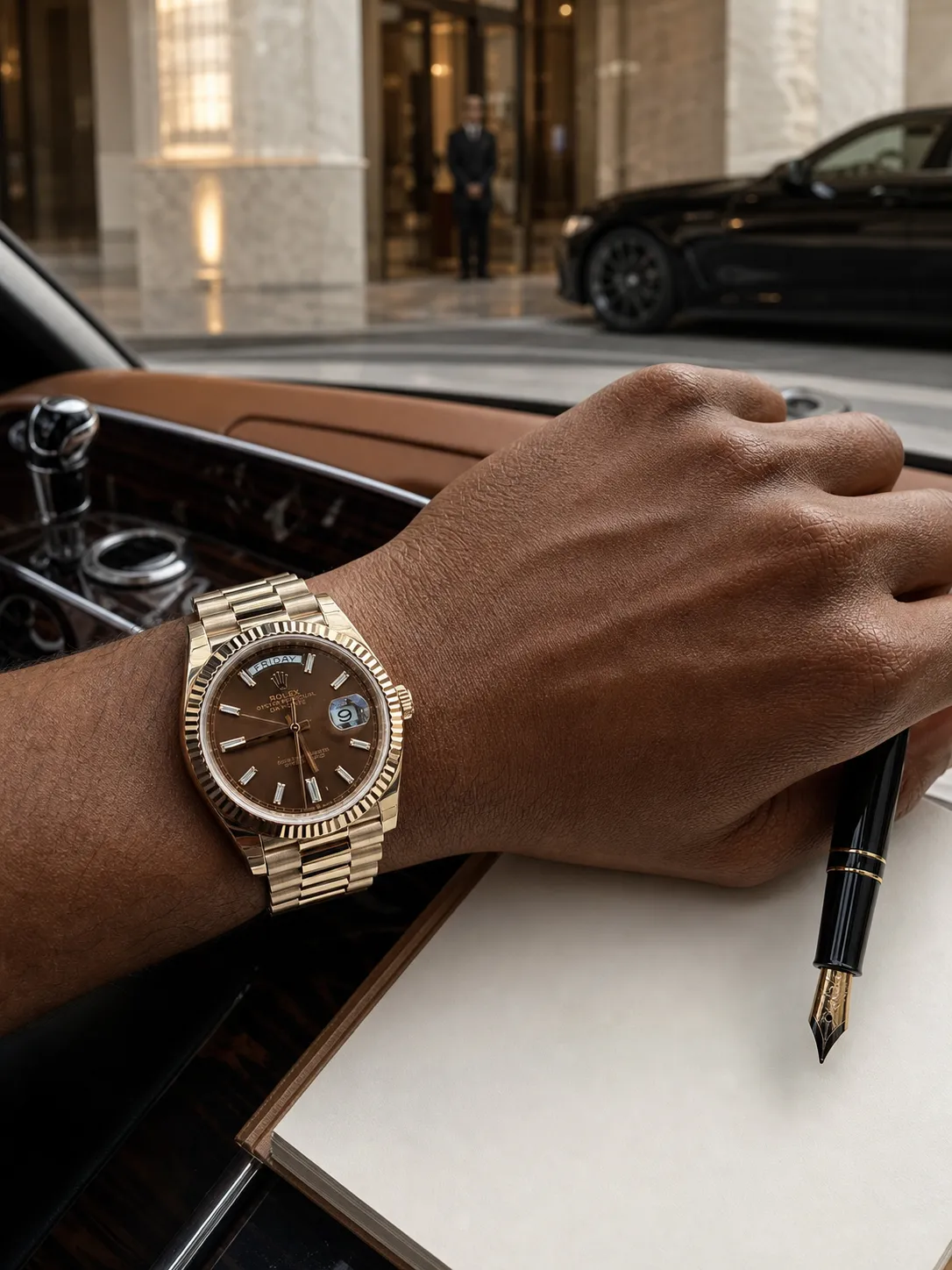 Rolex Day-Date 40-Style Rose-Gold-Tone Chocolate Baguette Dial Watch D391519487