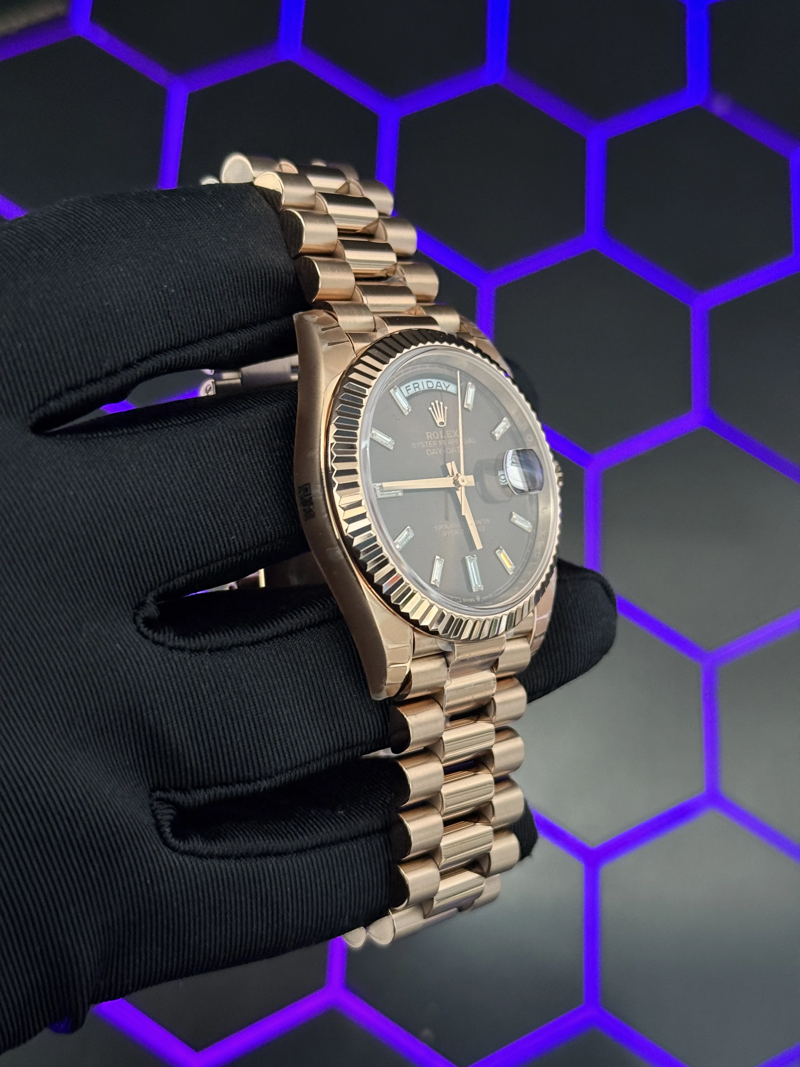 Rolex Day-Date 40-Style Rose-Gold-Tone Chocolate Baguette Dial Watch D391519487 — view 3